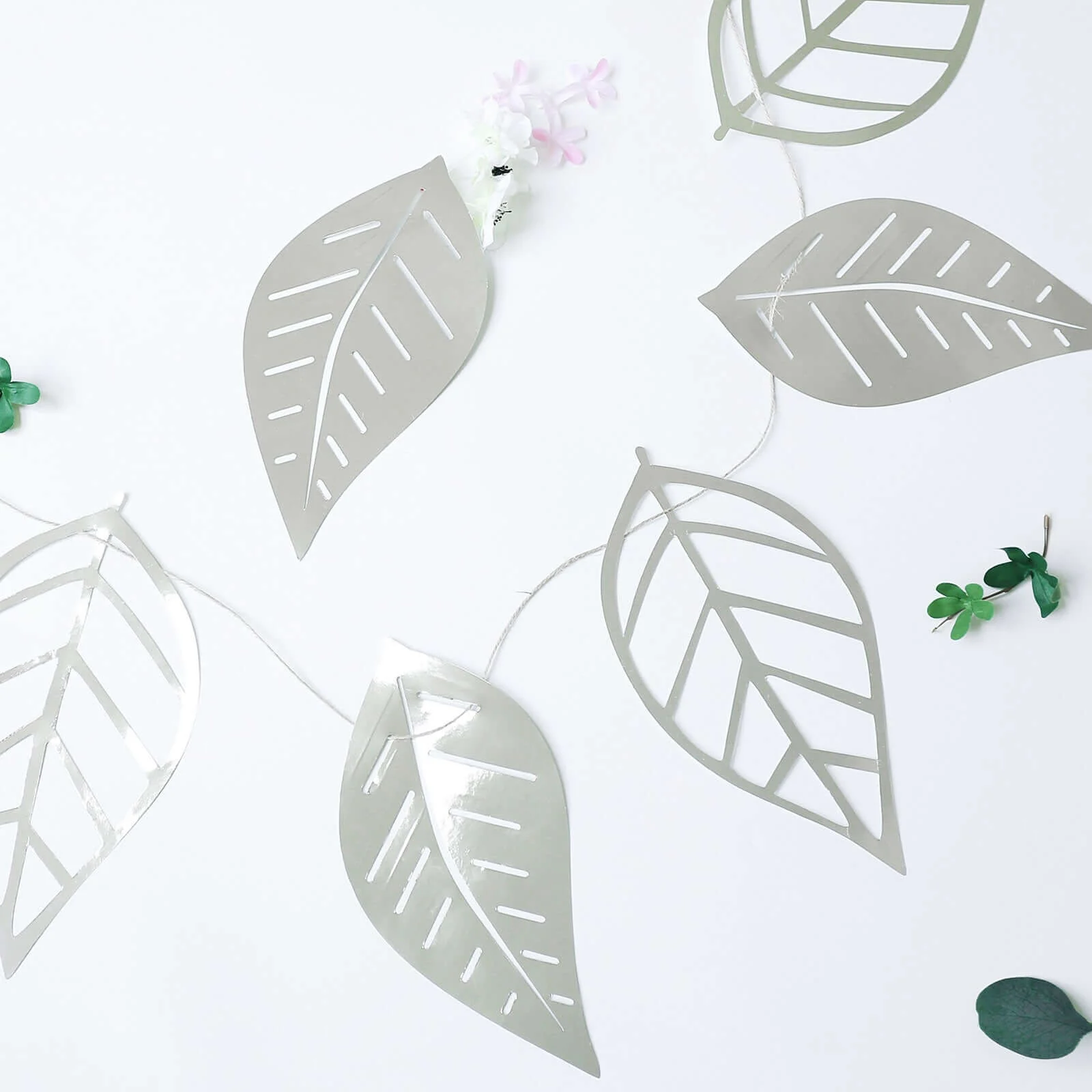 7ft Silver Foiled Paper Assorted Leaves Hanging Garland Banner - Image 8