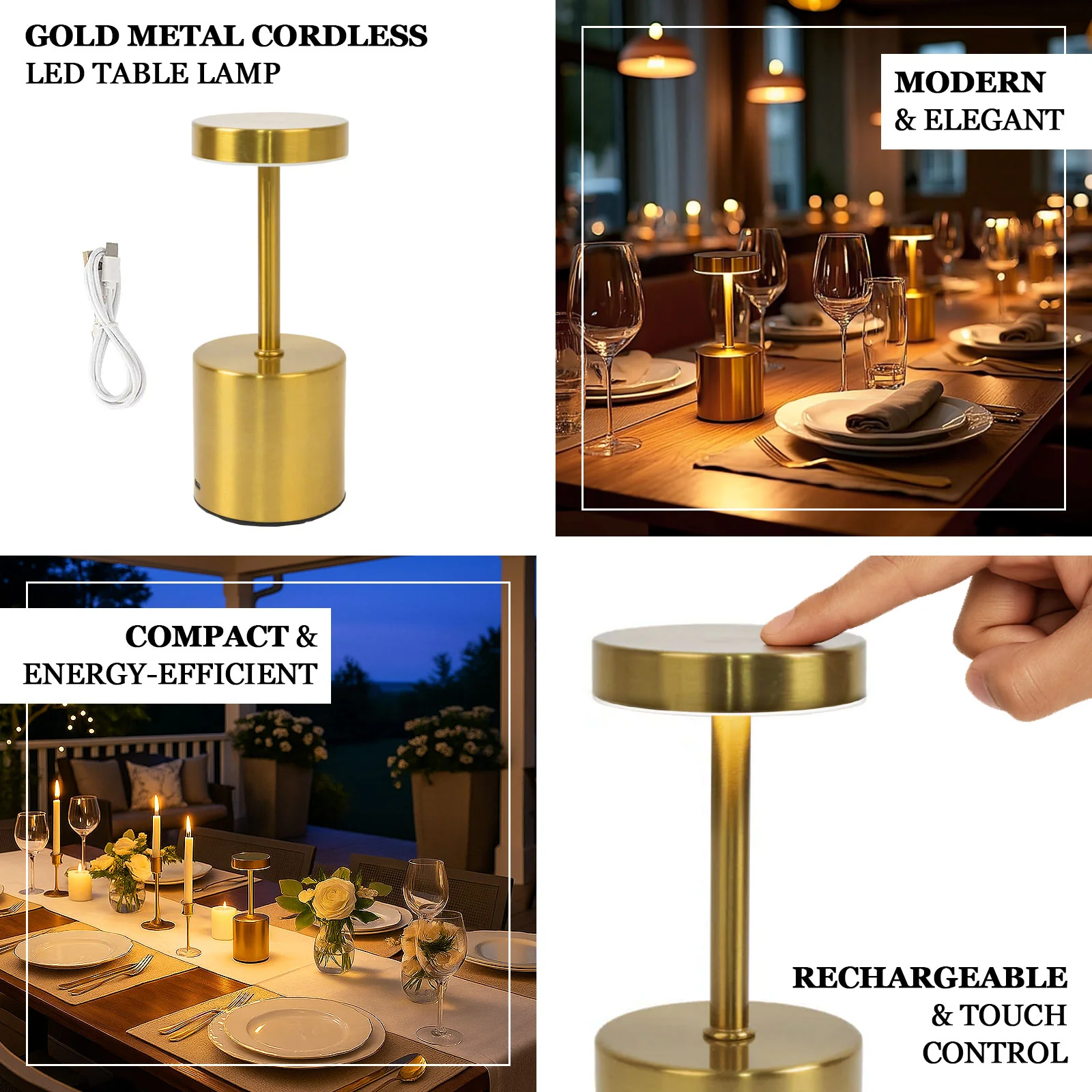 Gold Metal LED Table Lamp – 8" Cordless USB Rechargeable, Dimmable Touch-Control Night Light, Modern Minimalist Design - Image 4