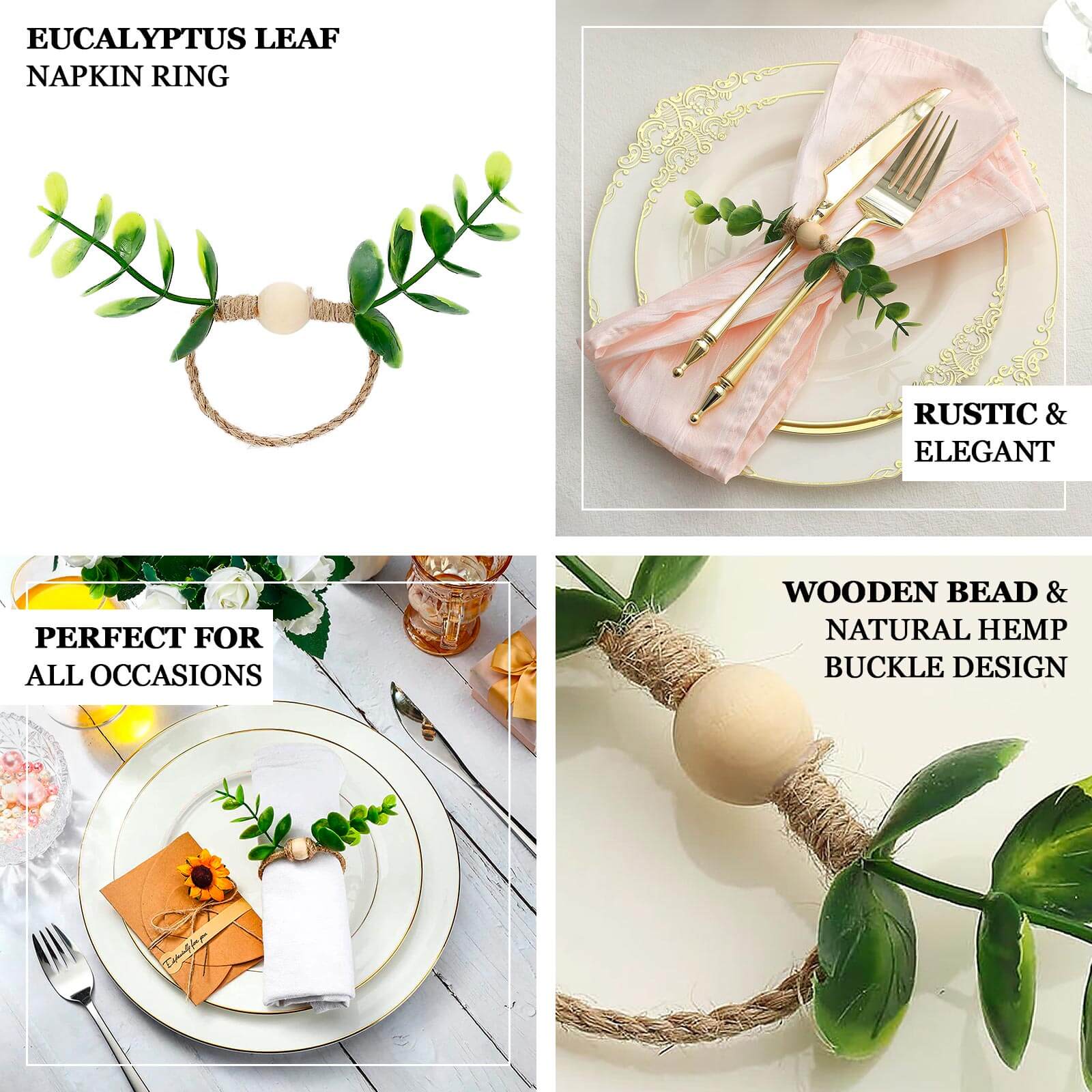 8 Pack Rustic Green Eucalyptus Leaf Wooden Beaded Jute Napkin Rings, Handmade Farmhouse Burlap Napkin Serviette Buckle Holders - Image 4