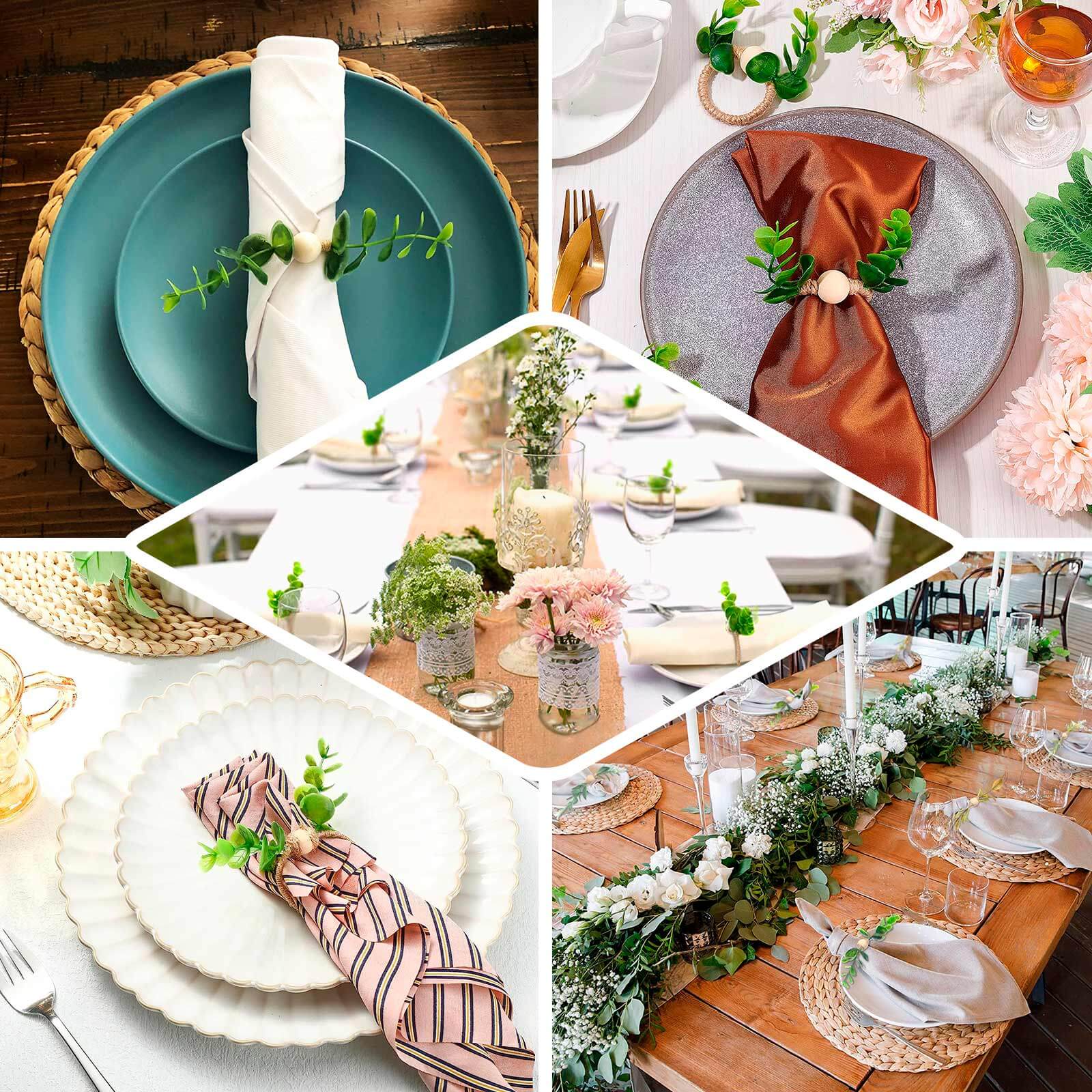 8 Pack Rustic Green Eucalyptus Leaf Wooden Beaded Jute Napkin Rings, Handmade Farmhouse Burlap Napkin Serviette Buckle Holders - Image 5