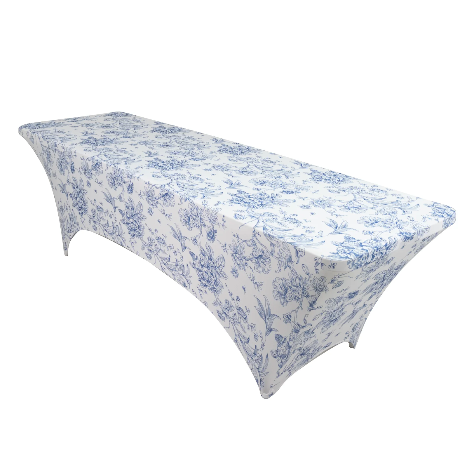 8ft Spandex Fitted Rectangle Tablecloth – White & Blue French Toile Wrinkle-Free Stretch Table Cover