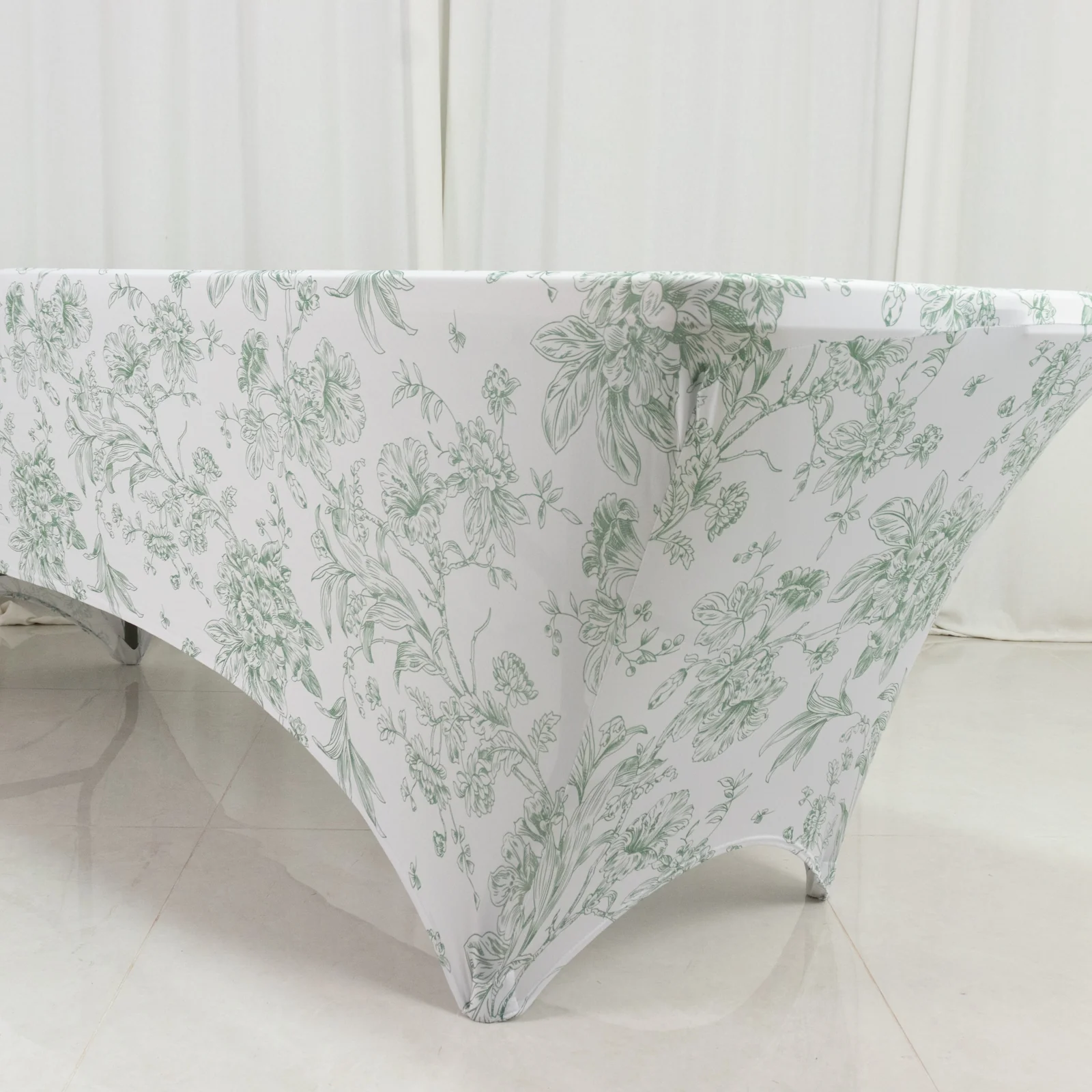8ft Spandex Fitted Rectangle Tablecloth – White & Dusty Sage Green French Toile Wrinkle-Free Stretch Table Cover - Image 2