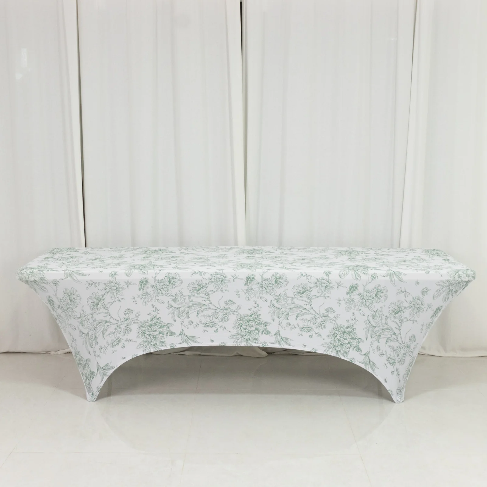 8ft Spandex Fitted Rectangle Tablecloth – White & Dusty Sage Green French Toile Wrinkle-Free Stretch Table Cover - Image 3