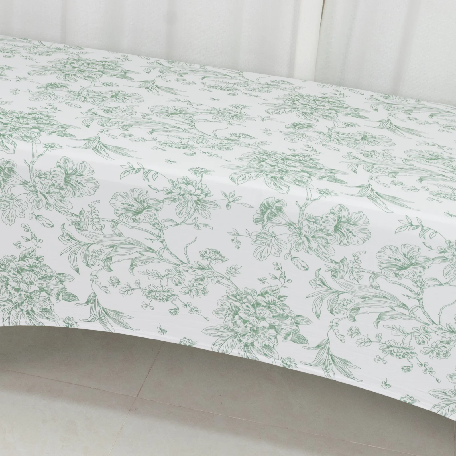 8ft Spandex Fitted Rectangle Tablecloth – White & Dusty Sage Green French Toile Wrinkle-Free Stretch Table Cover - Image 4