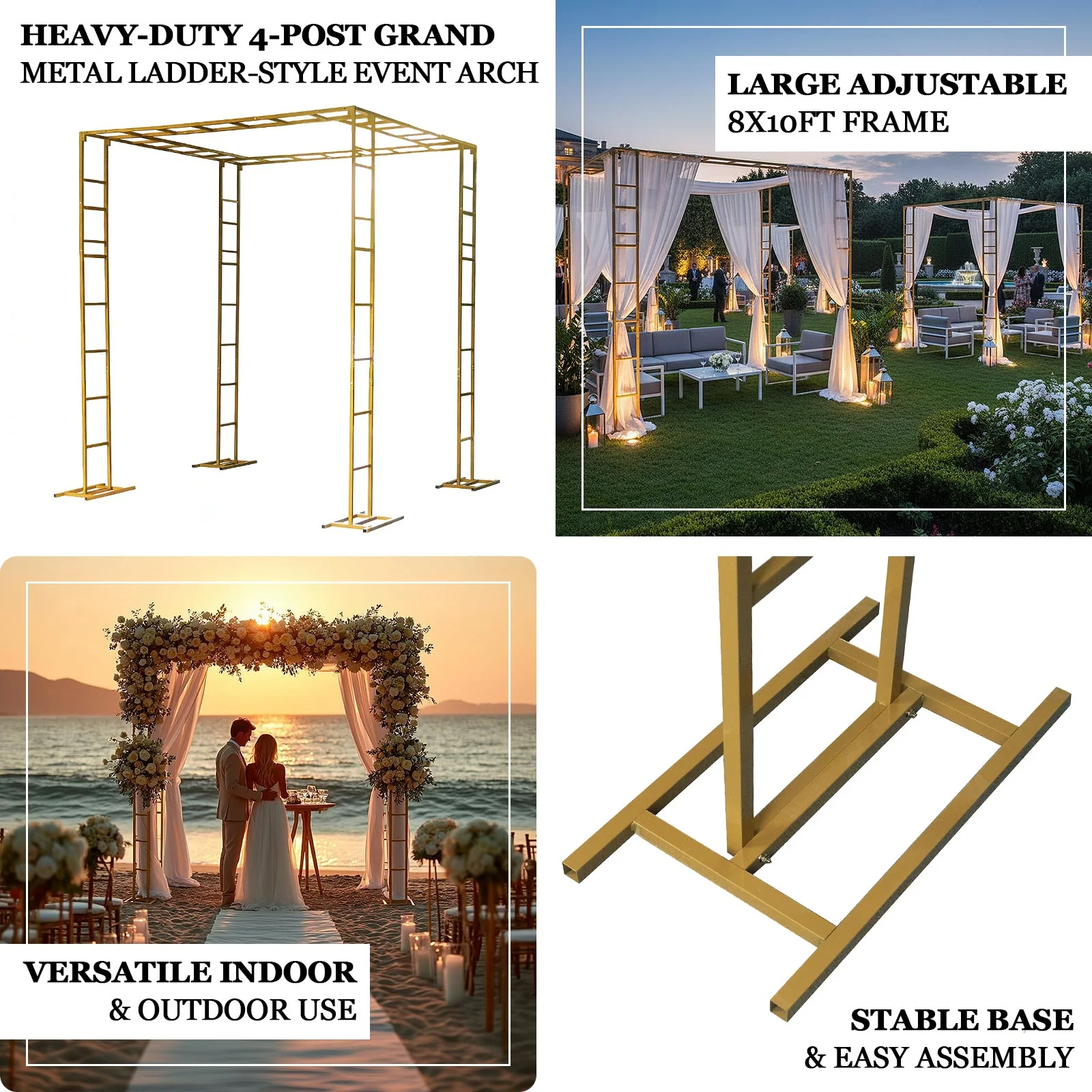 8ft x 10ft Gold Metal Event Arch & Canopy Frame – Rectangular Heavy-Duty 4-Post Ladder-Style Backdrop Stand, Height Adjustable & Portable - Image 4