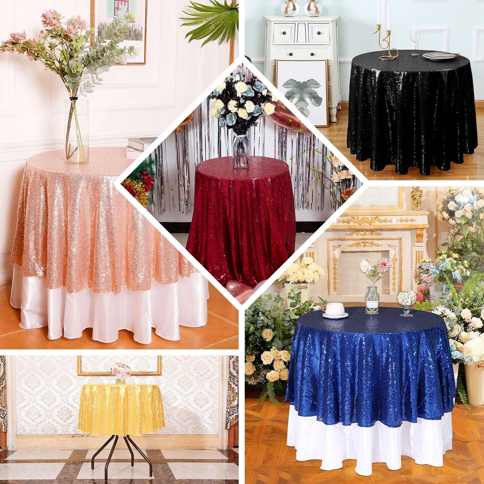 90" Burgundy Sequin Round Tablecloth - Image 5