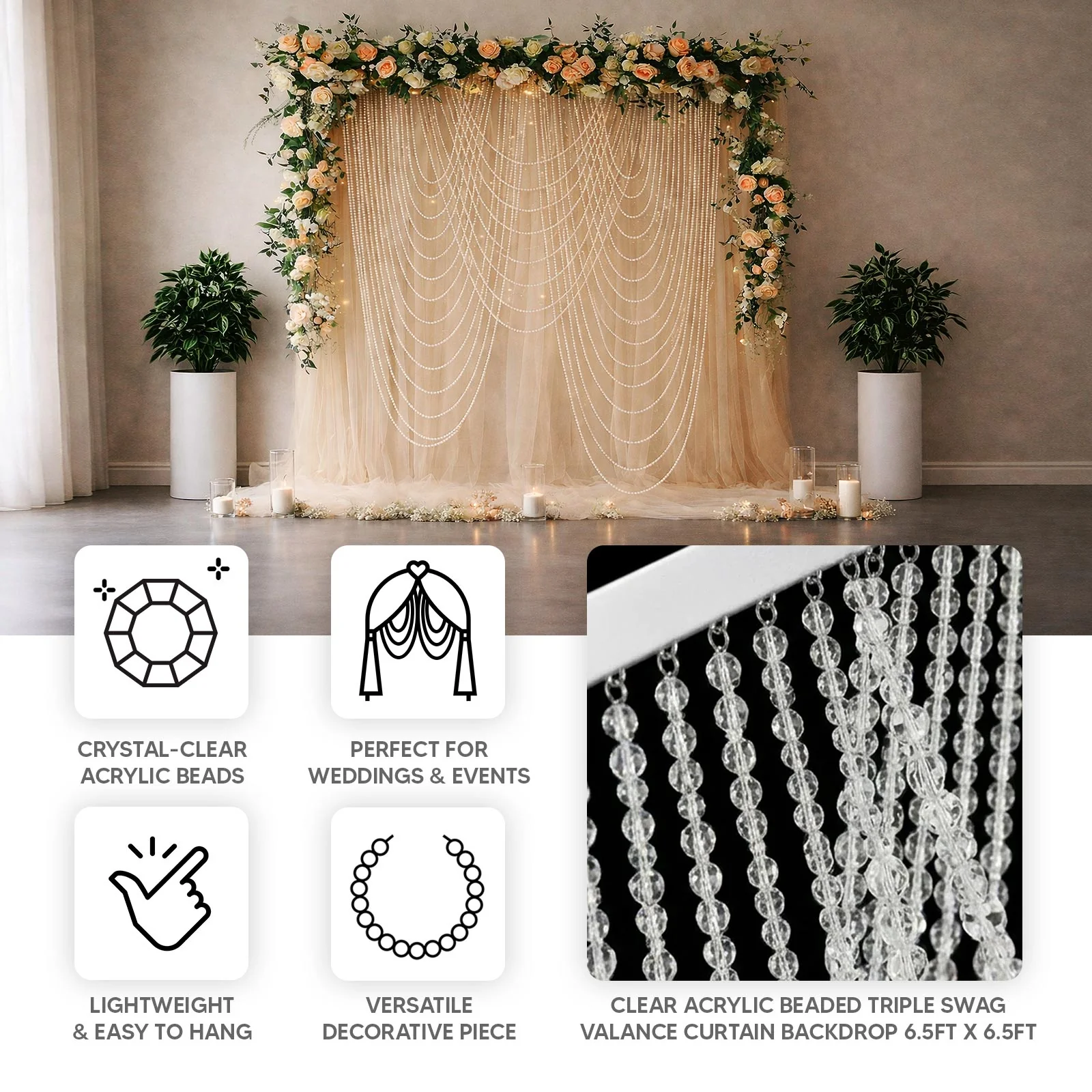 Clear Acrylic Beaded Curtain – Triple Swag Valance Backdrop for Doorway, Arch & Wall Décor, 6.5ft x 6.5ft - Image 4
