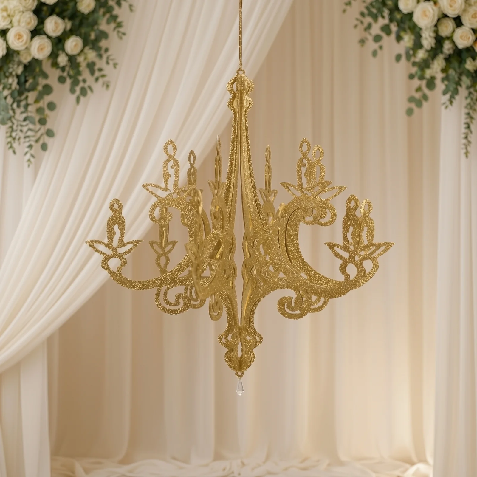 24" Gold Glittered Acrylic Chandelier Hanging Decor, 3D Interlocking Cutout Design, Ceiling Decor