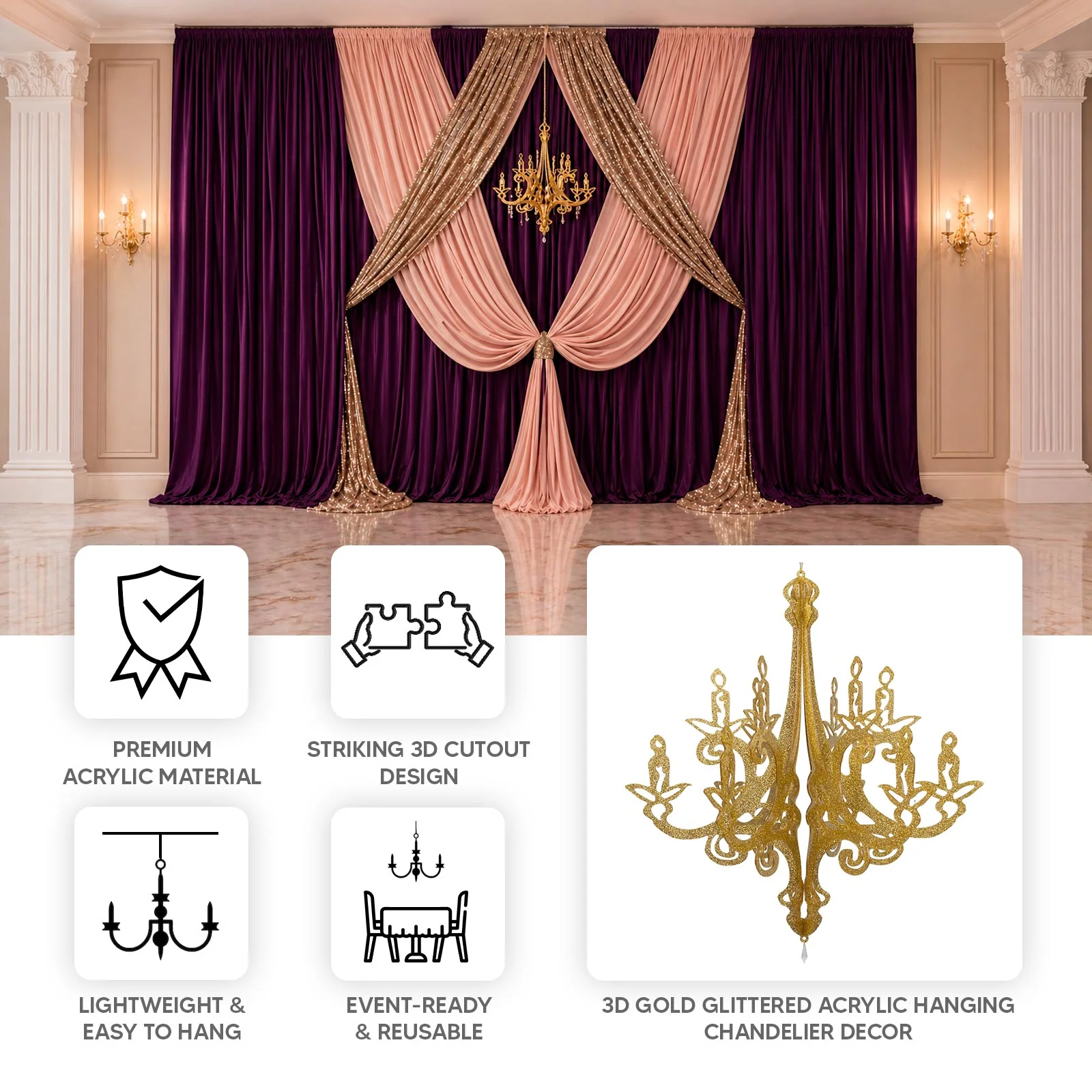 24" Gold Glittered Acrylic Chandelier Hanging Decor, 3D Interlocking Cutout Design, Ceiling Decor - Image 4