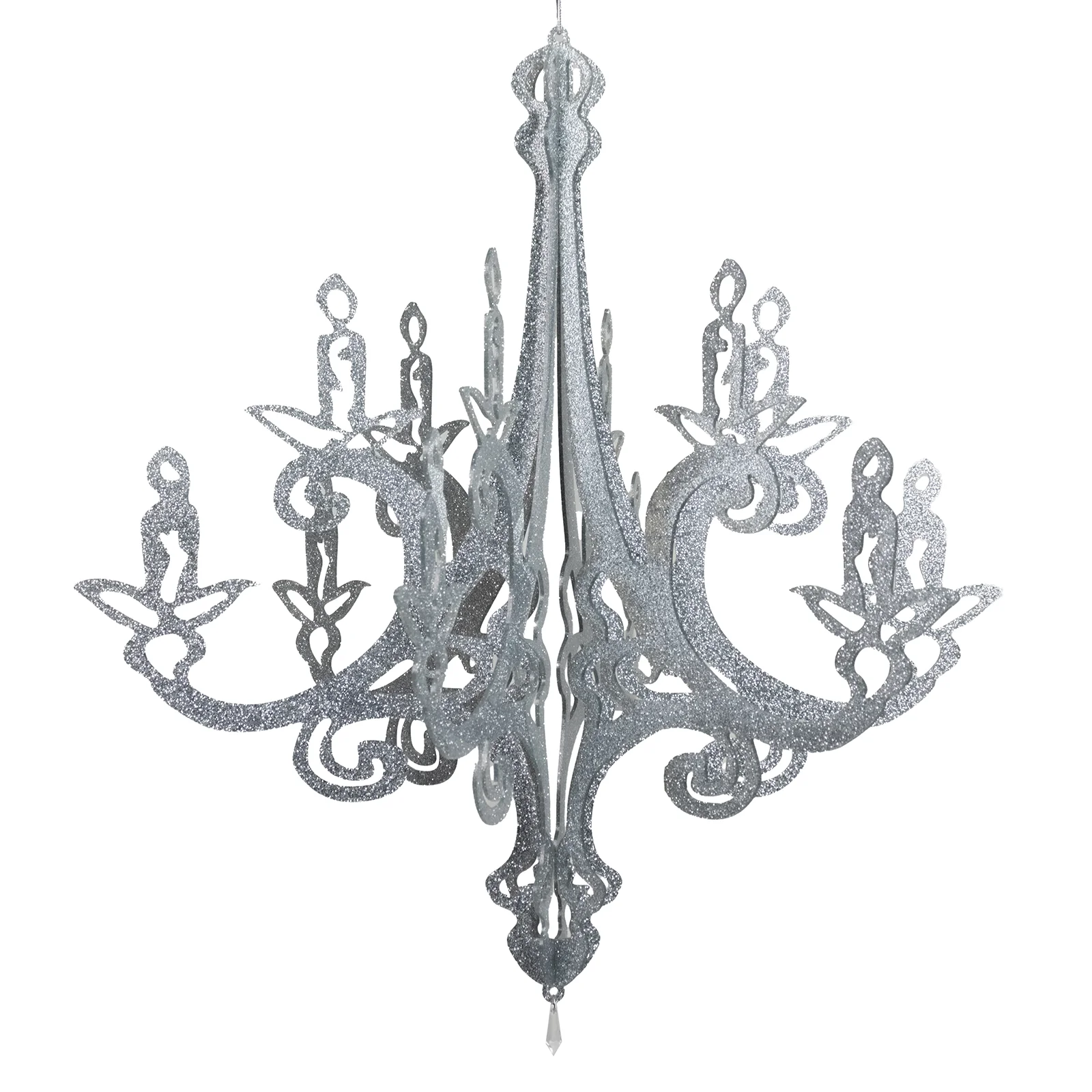 24" Silver Glittered Acrylic Chandelier Hanging Decor, 3D Interlocking Cutout Design, Ceiling Decor - Image 2