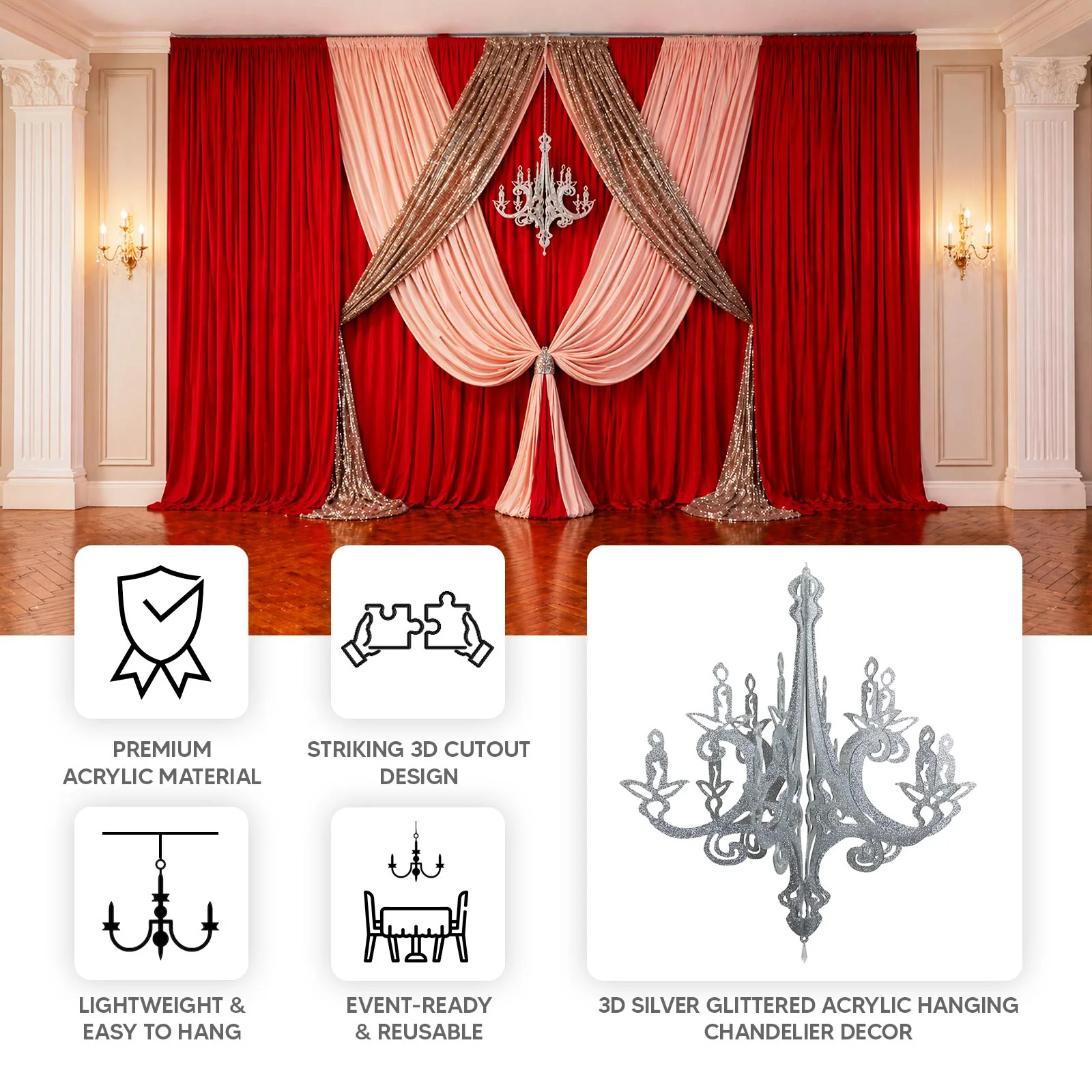 24" Silver Glittered Acrylic Chandelier Hanging Decor, 3D Interlocking Cutout Design, Ceiling Decor - Image 4