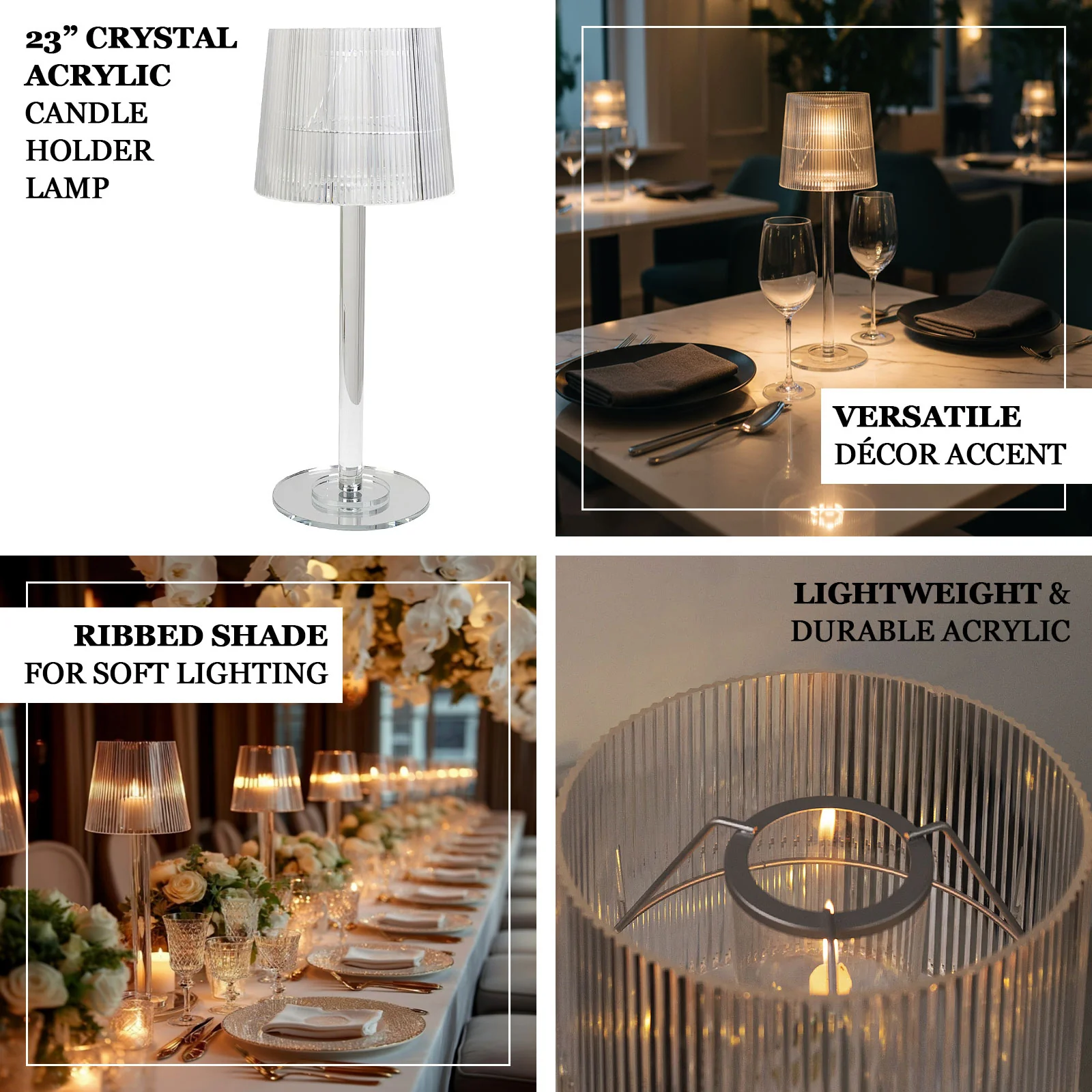 23" Crystal Candle Lamp with Ribbed Shade – Clear Acrylic Column Candle Holder for Tealight & Taper Candles - Image 4