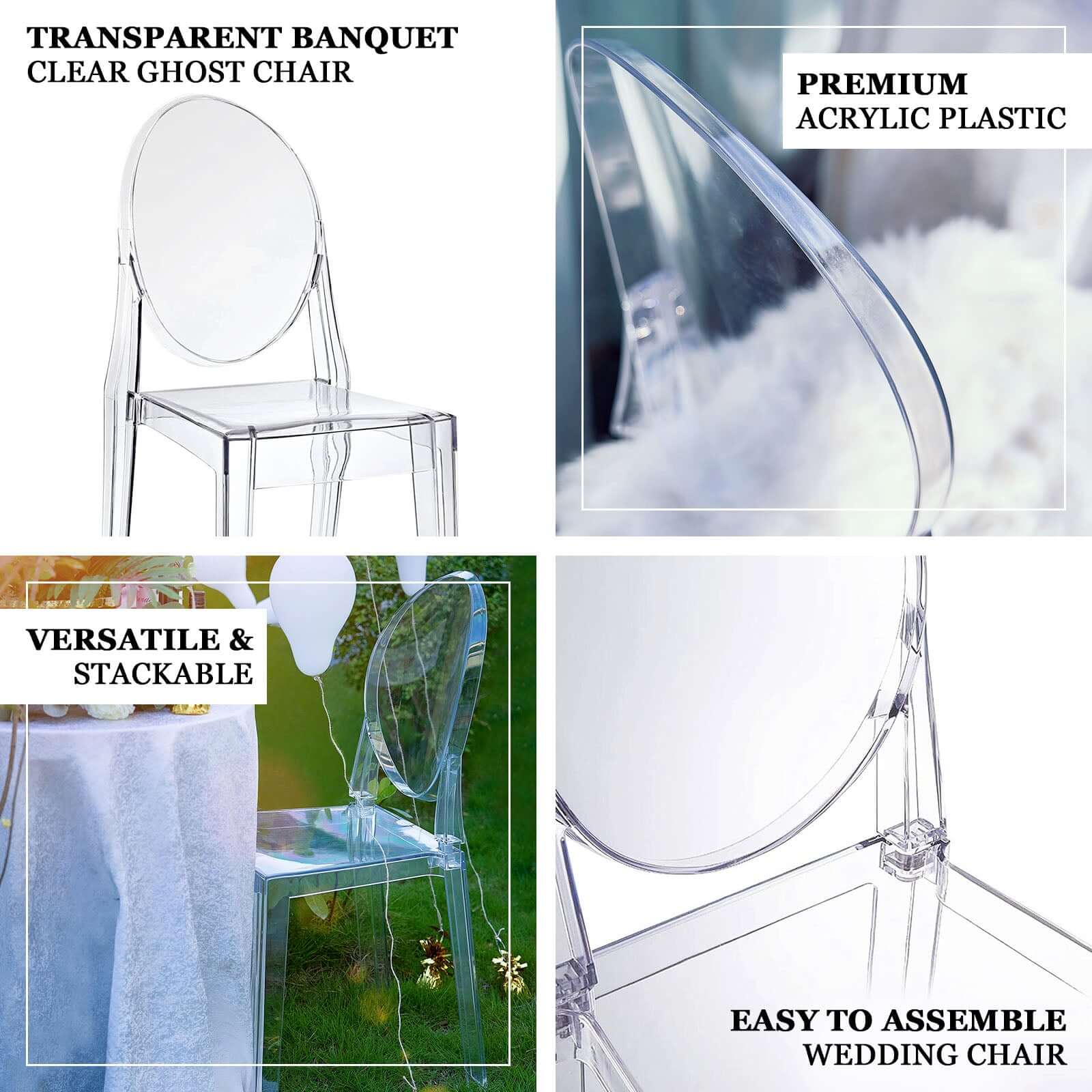 8-Pack Acrylic Ghost Chairs with Oval Back for Banquet Use Clear – Sleek Transparent Armless Accent Chairs for Weddings & Gatherings - Image 4