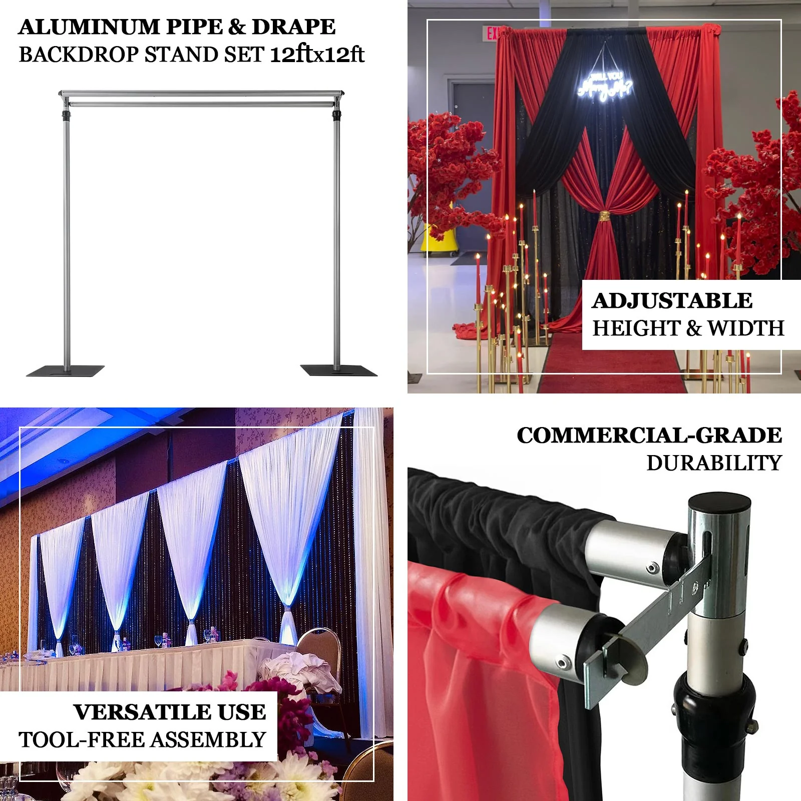Adjustable Pipe and Drape Backdrop Stand with Double Cross Bars, Silver Aluminum Frame Support System 12ft x 12ft with Heavy Duty Steel Bases - Image 4