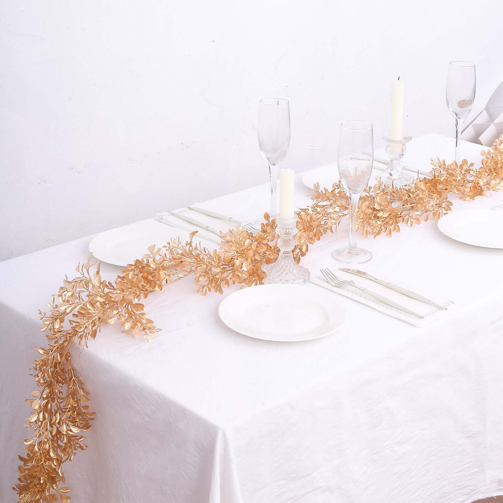 Artificial Boxwood Leaf Table Garland Metallic Gold - Versatile Faux Decorative Hanging Vine for Modern & Chic Event Styling 6ft - Image 4