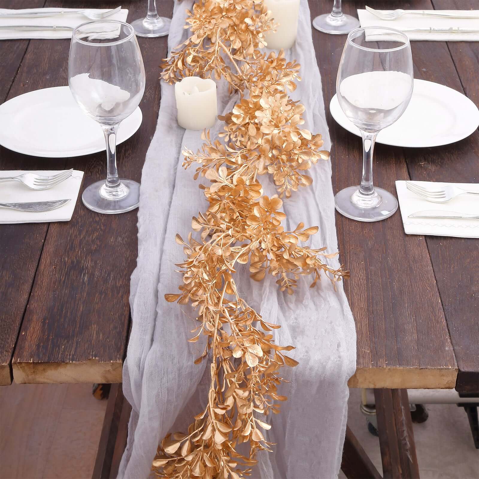 Artificial Boxwood Leaf Table Garland Metallic Gold - Versatile Faux Decorative Hanging Vine for Modern & Chic Event Styling 6ft - Image 6