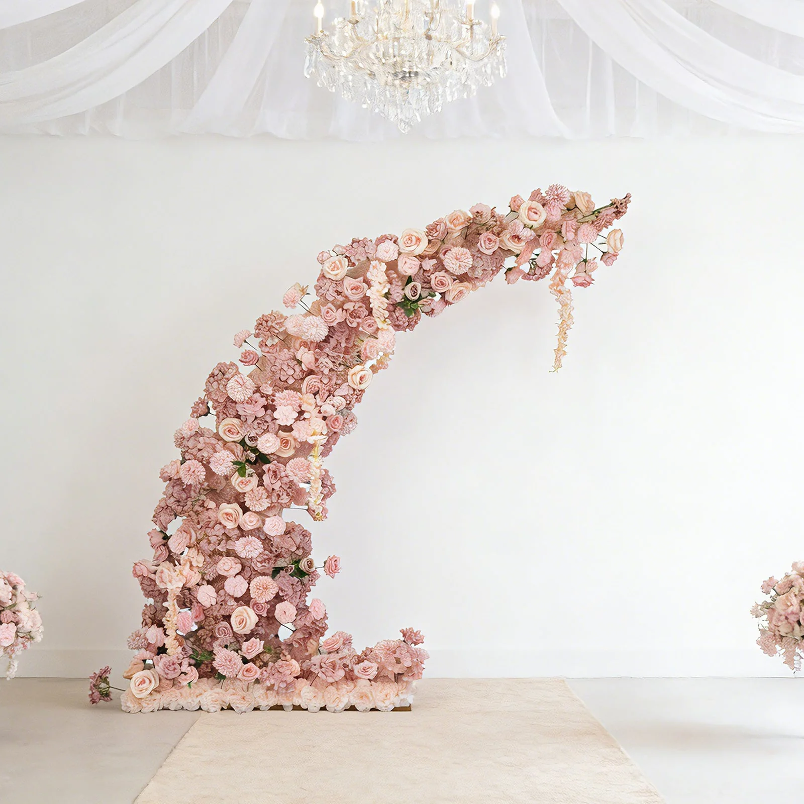 Artificial Silk Floral Backdrop for 6.5ft Half Crescent Wedding Arch – Foam-Backed Flower Arch in Dusty Rose with Roses, Hydrangeas & Chrysanthemums