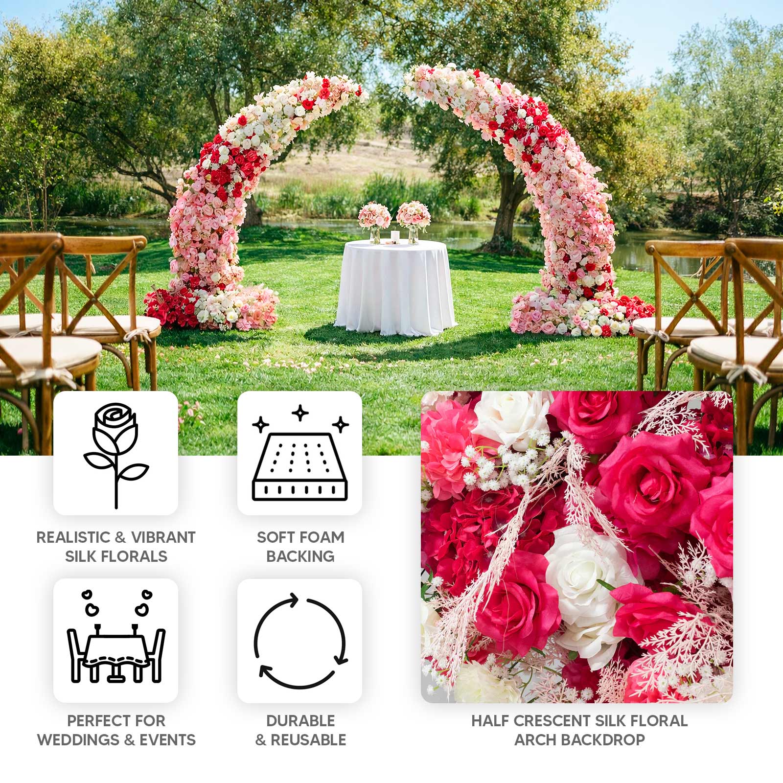 Artificial Silk Floral Backdrop for 6.5ft Half Crescent Wedding Arch – Foam-Backed Flower Arch in Red with Roses, Hydrangeas & Chrysanthemums - Image 5