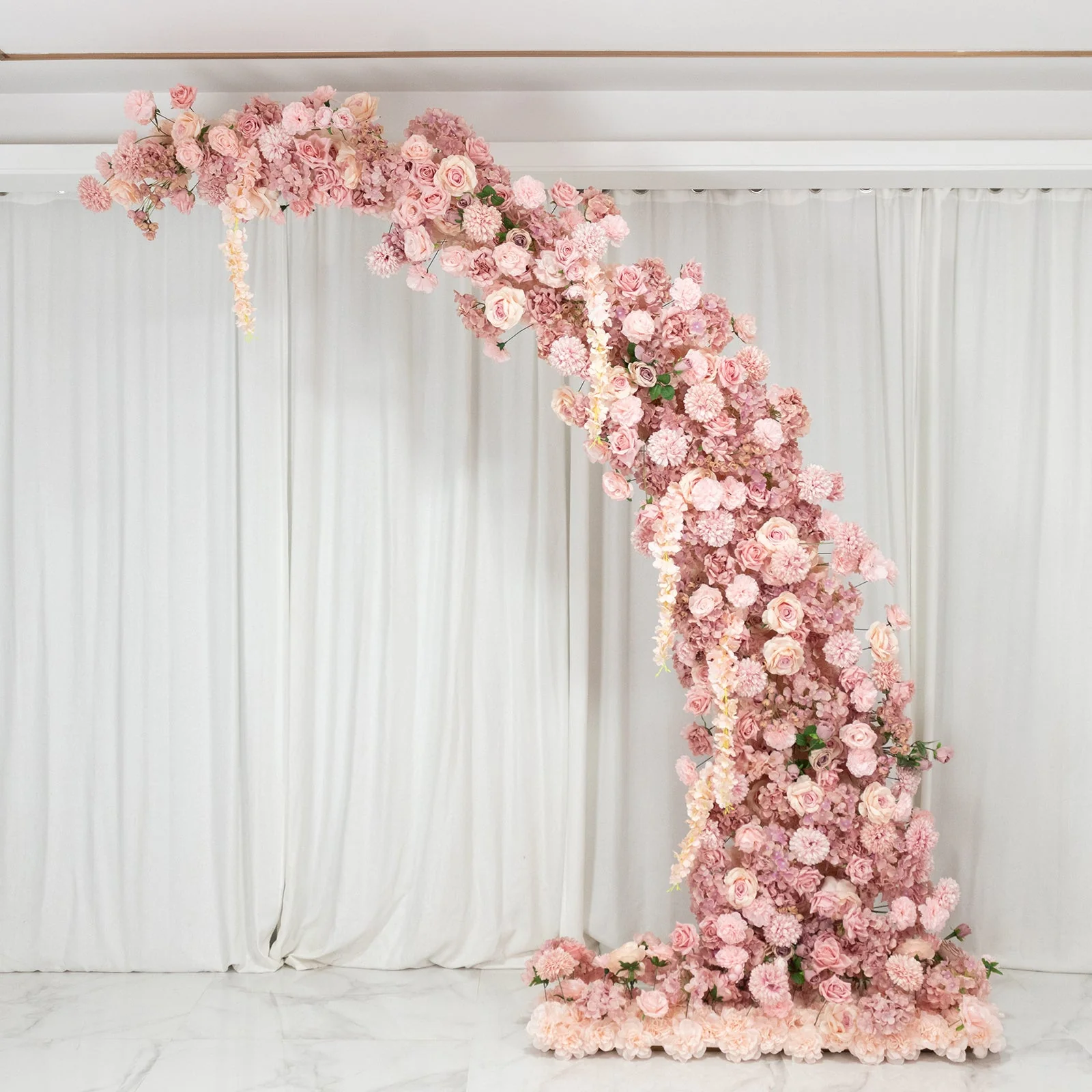 Artificial Silk Floral Backdrop for 8ft Half Crescent Wedding Arch – Foam-Backed Flower Arch in Dusty Rose Mix with Roses, Hydrangeas & Chrysanthemums