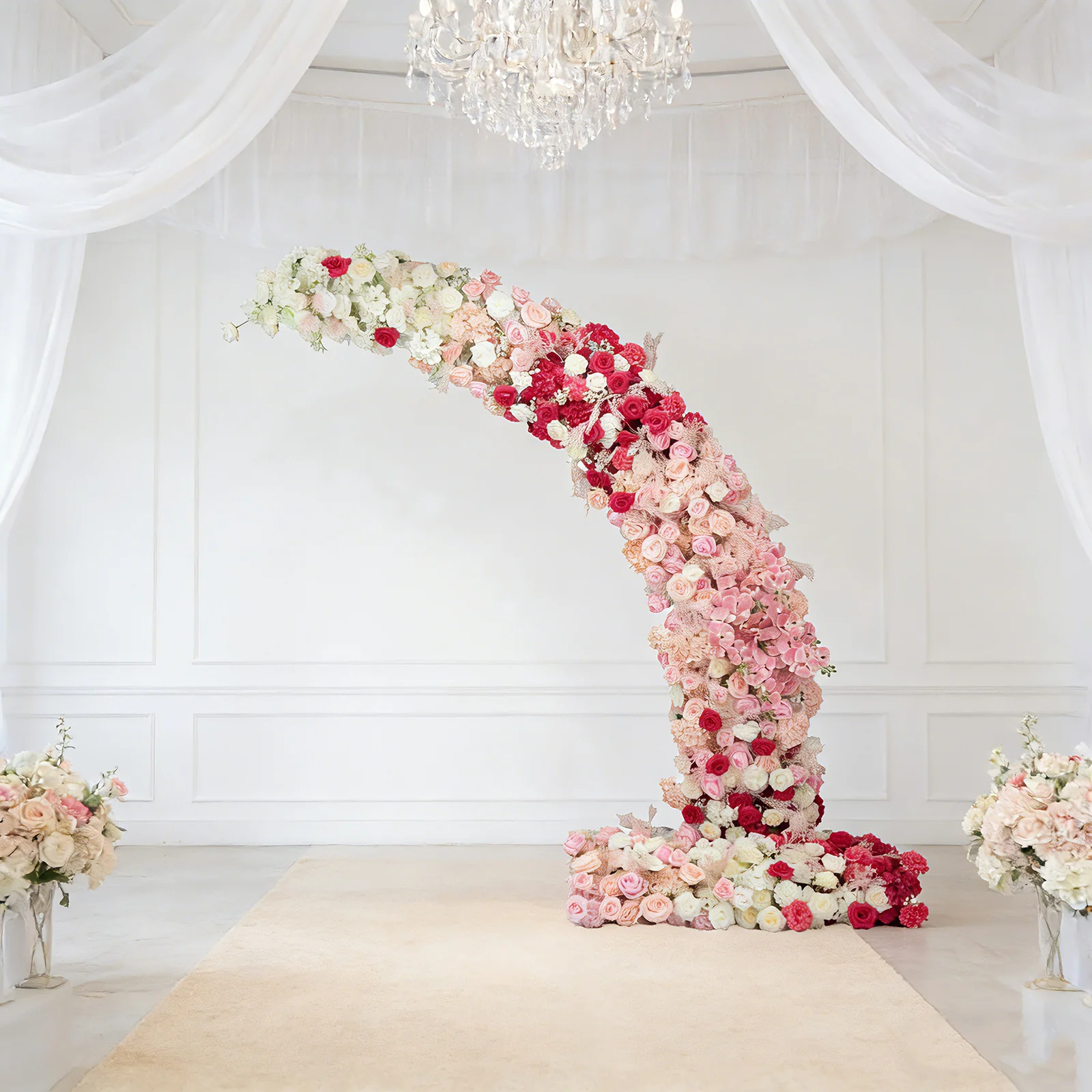 Artificial Silk Floral Backdrop for 8ft Half Crescent Wedding Arch – Foam-Backed Flower Arch in White & Pink Mix with Roses, Hydrangeas & Chrysanthemums