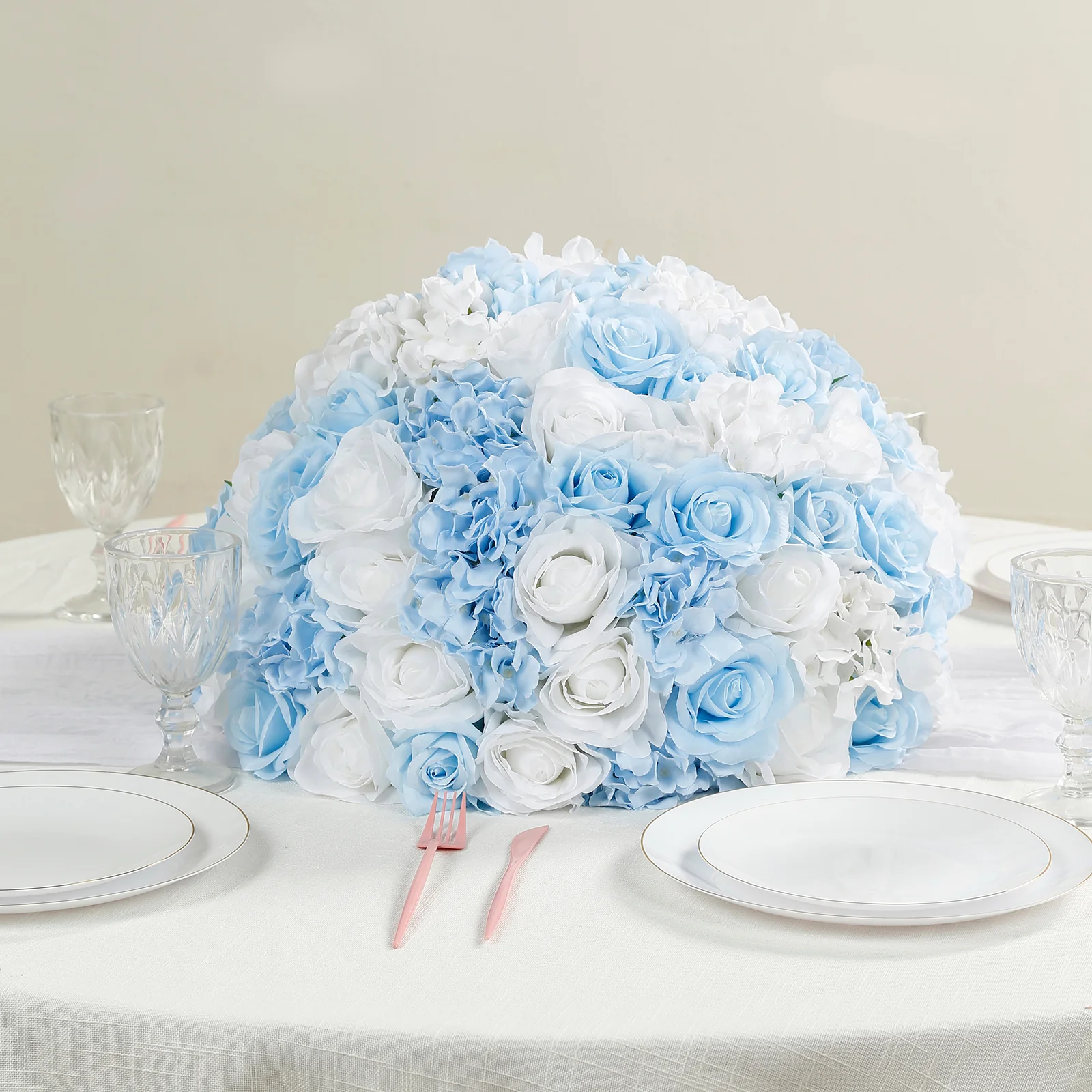 Pre-Arranged Silk Rose Wedding Centerpiece, Light Blue Artificial Rose Flower Balls Arrangement Table Decor - 20" - Image 8