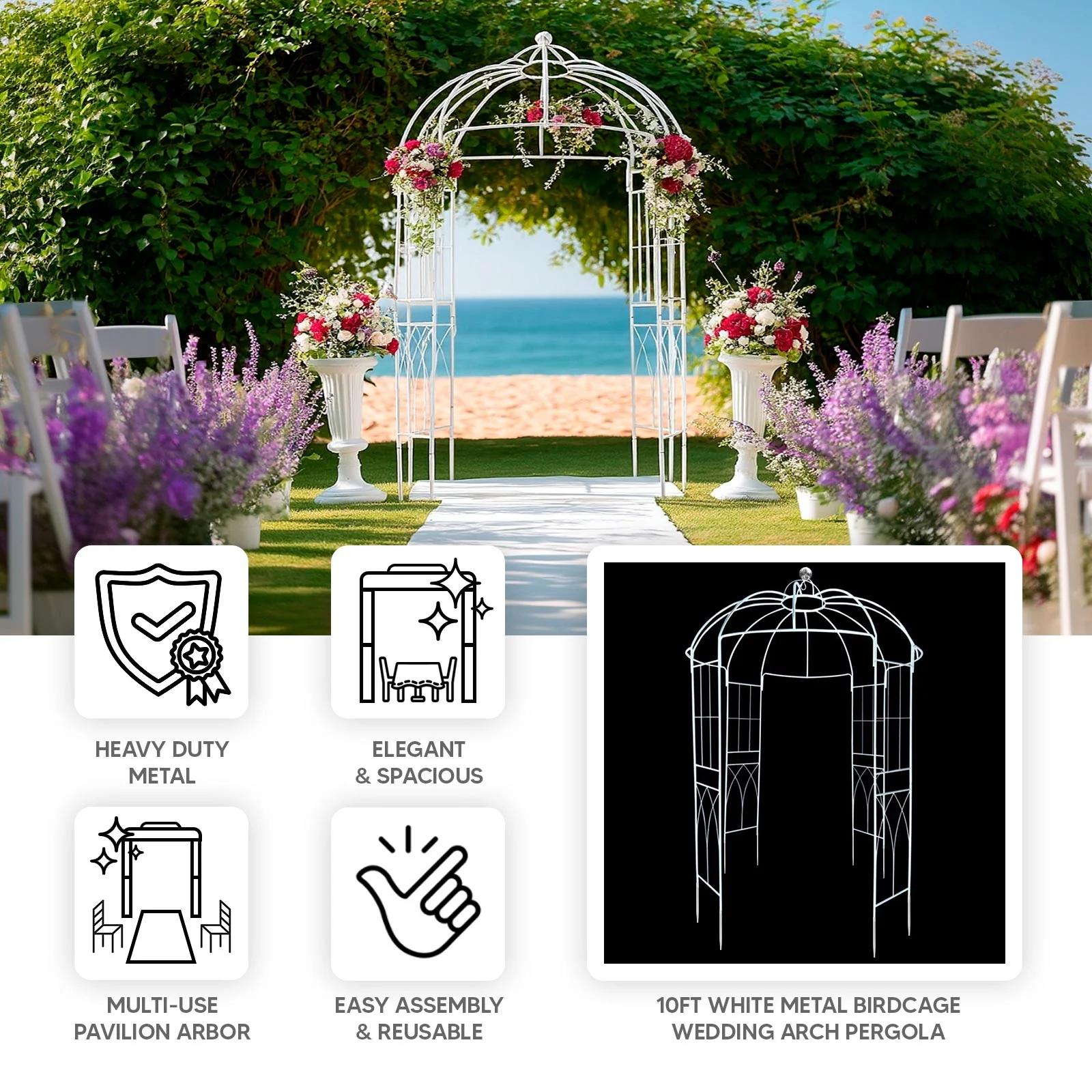 10ft White Metal Birdcage Ceremony Arch – Garden Gazebo Pergola Arbor Trellis for Outdoor Weddings, Vines & Flowers - Image 4