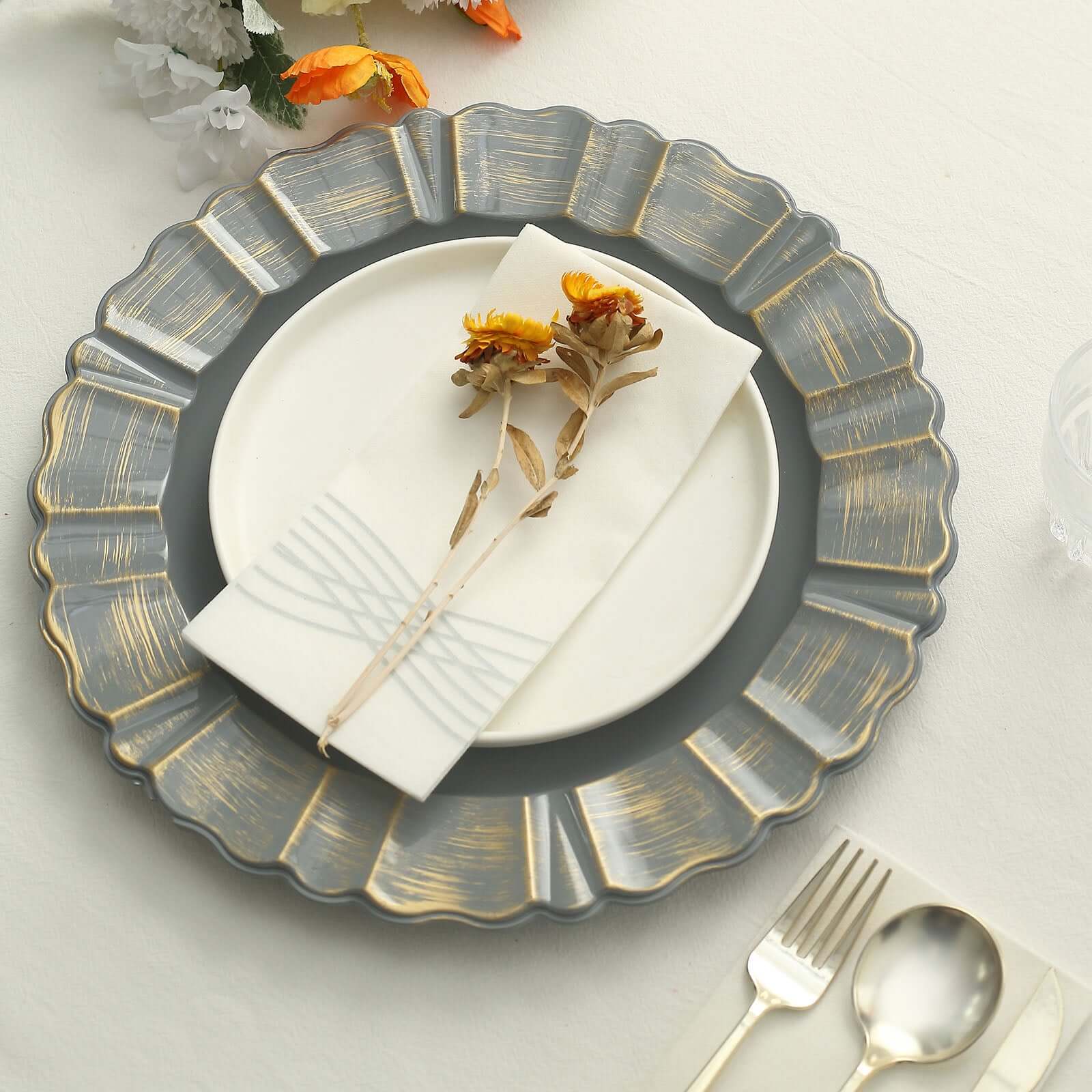 6-Pack Acrylic Plastic Round Charger Plates 13" in Charcoal Gray with Gold Brushed Wavy Scalloped Rim, Decorative Dinner Party Charger Tableware - Image 2