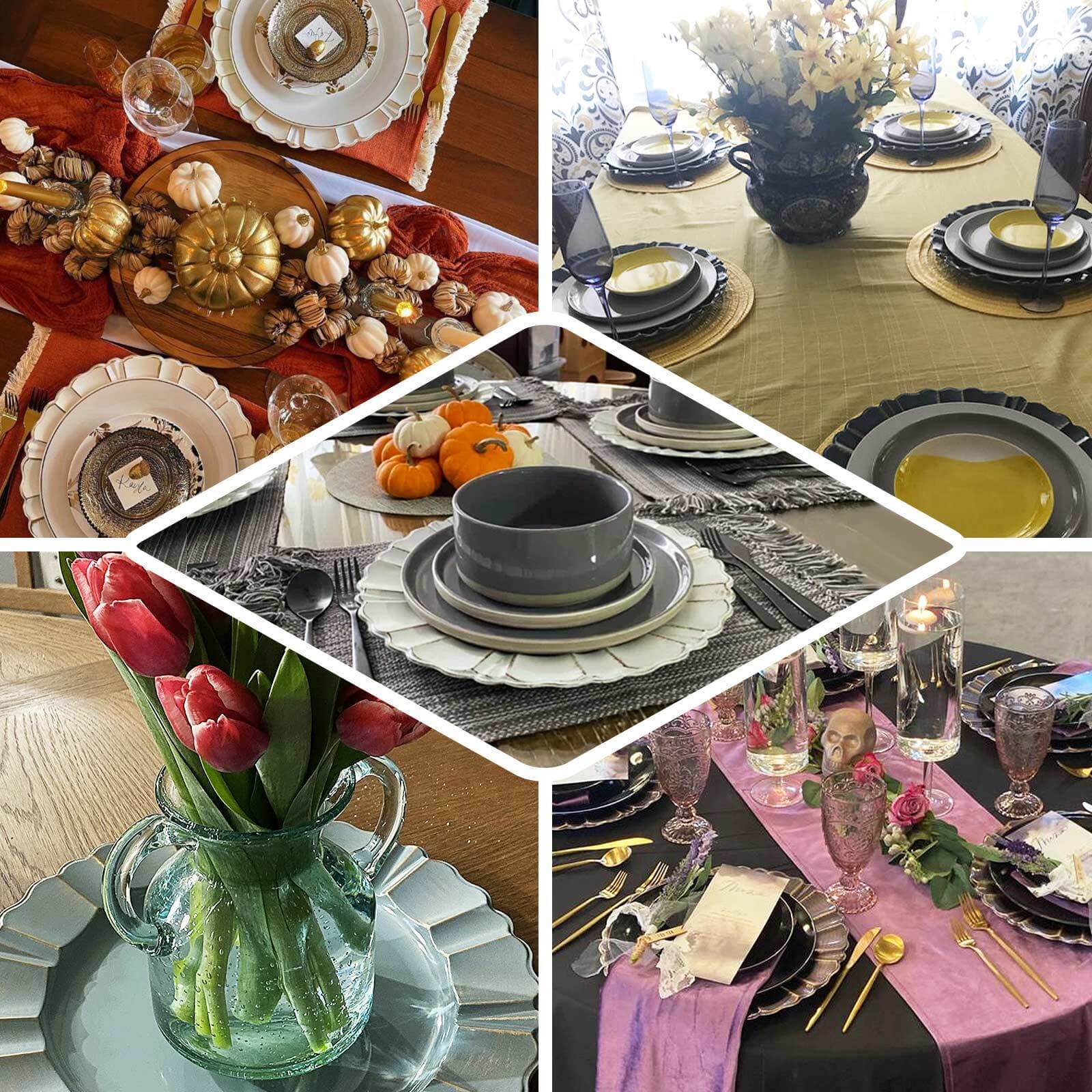 6-Pack Acrylic Plastic Round Charger Plates 13" in Charcoal Gray with Gold Brushed Wavy Scalloped Rim, Decorative Dinner Party Charger Tableware - Image 5