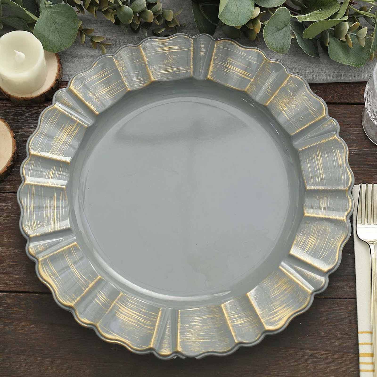 6-Pack Acrylic Plastic Round Charger Plates 13" in Charcoal Gray with Gold Brushed Wavy Scalloped Rim, Decorative Dinner Party Charger Tableware - Image 8