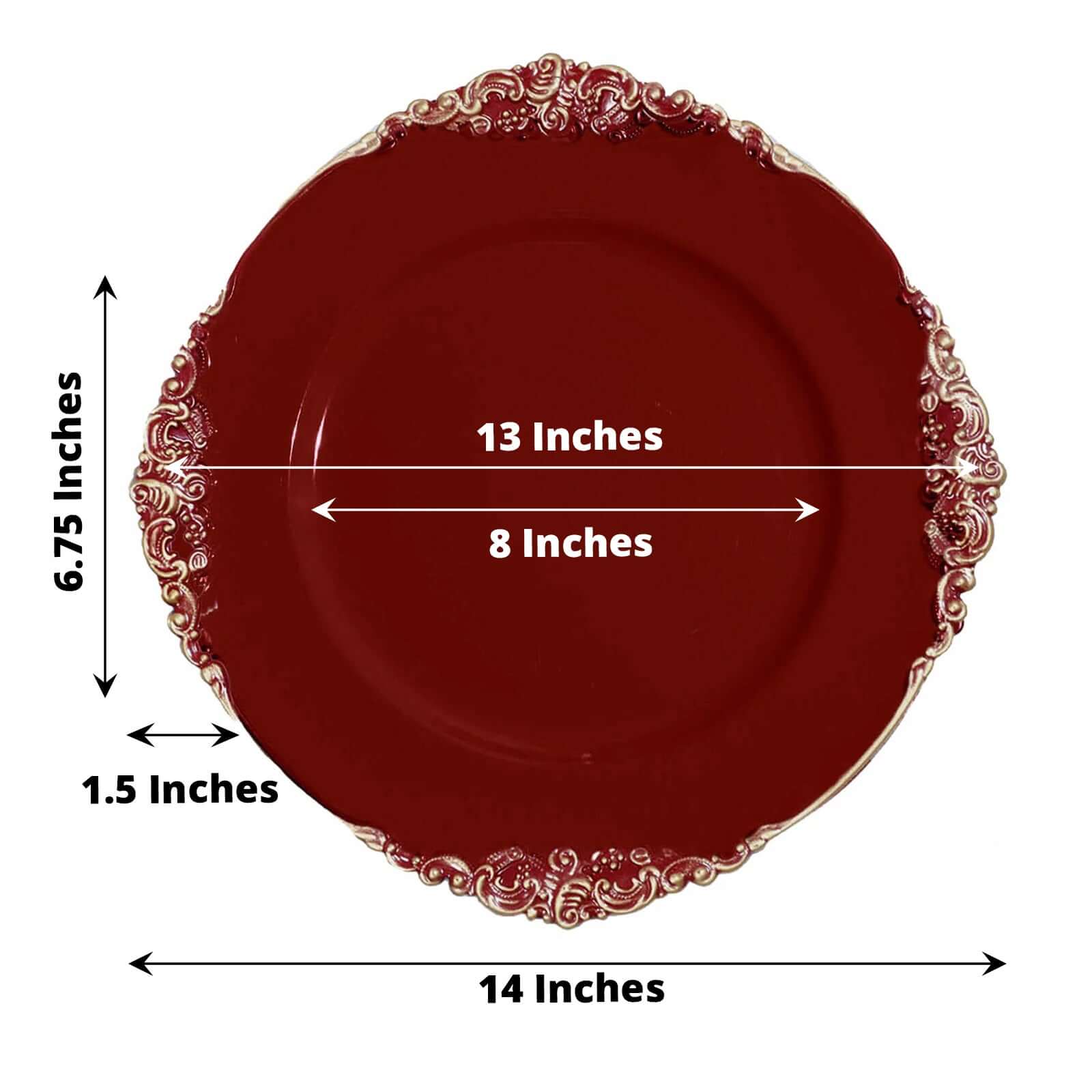 6-Pack Acrylic Round Charger Plates 13" in Burgundy with Gold Embossed Baroque Rim, Antique Decorative Dinner Party Charger Tableware - Image 3