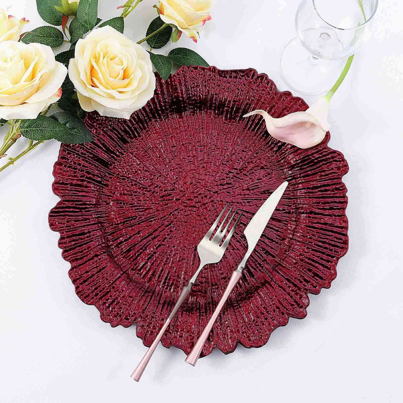 6-Pack Acrylic Plastic Round Charger Plates 13" in Burgundy with Reef Design, Dinner Charger Tableware - Image 6