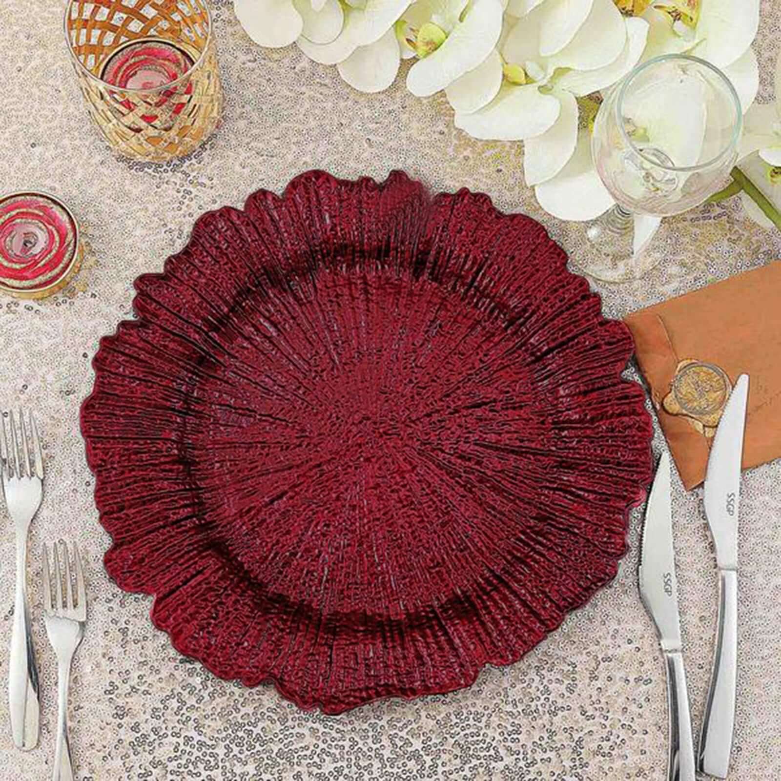 6-Pack Acrylic Plastic Round Charger Plates 13" in Burgundy with Reef Design, Dinner Charger Tableware - Image 7