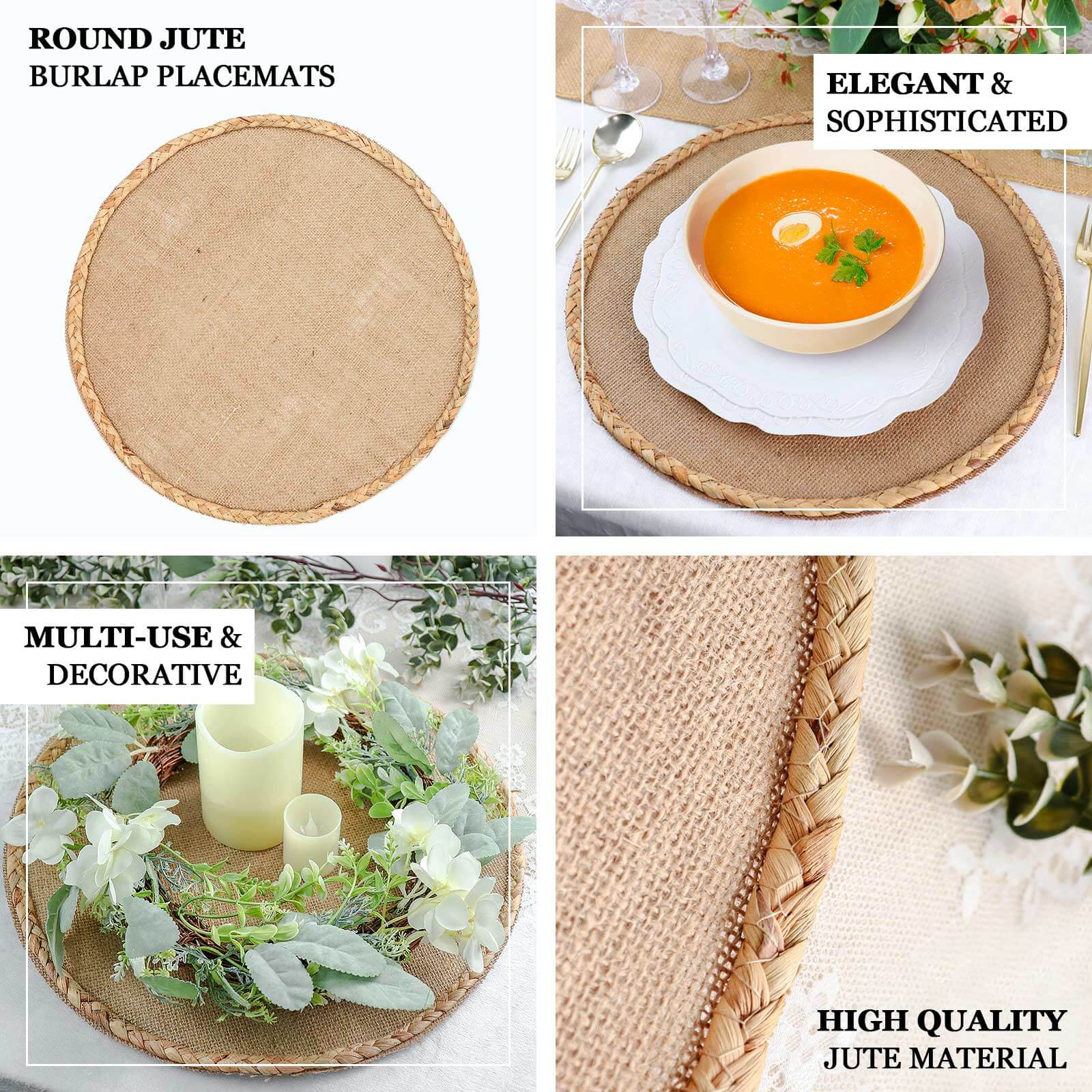 4-Pack Placemats Braided Edge Design Natural Burlap Jute Round - Rustic Farmhouse Style with Trim 15" - Image 4