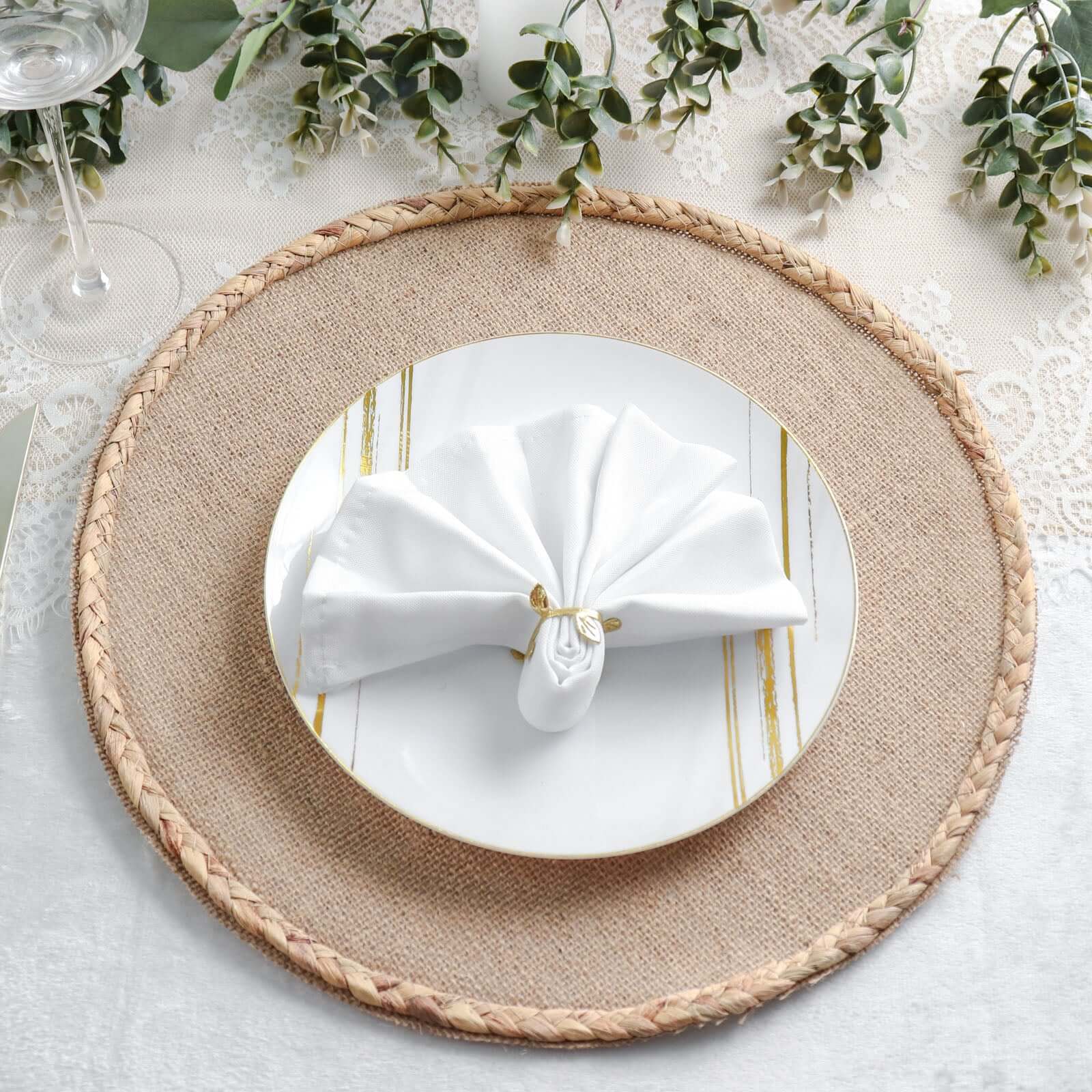 4-Pack Placemats Braided Edge Design Natural Burlap Jute Round - Rustic Farmhouse Style with Trim 15" - Image 6