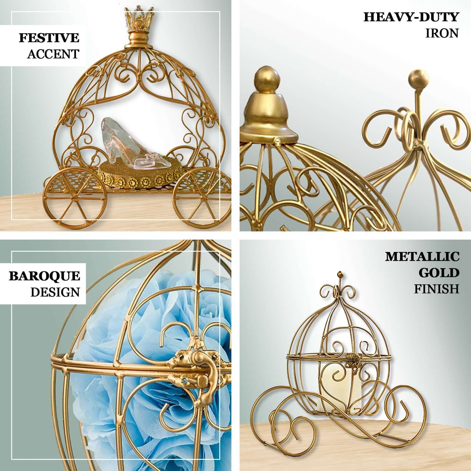 Candle Holder Gold Wrought Iron Cinderella Carriage Card Display - Wedding Table Accent 11" - Image 4