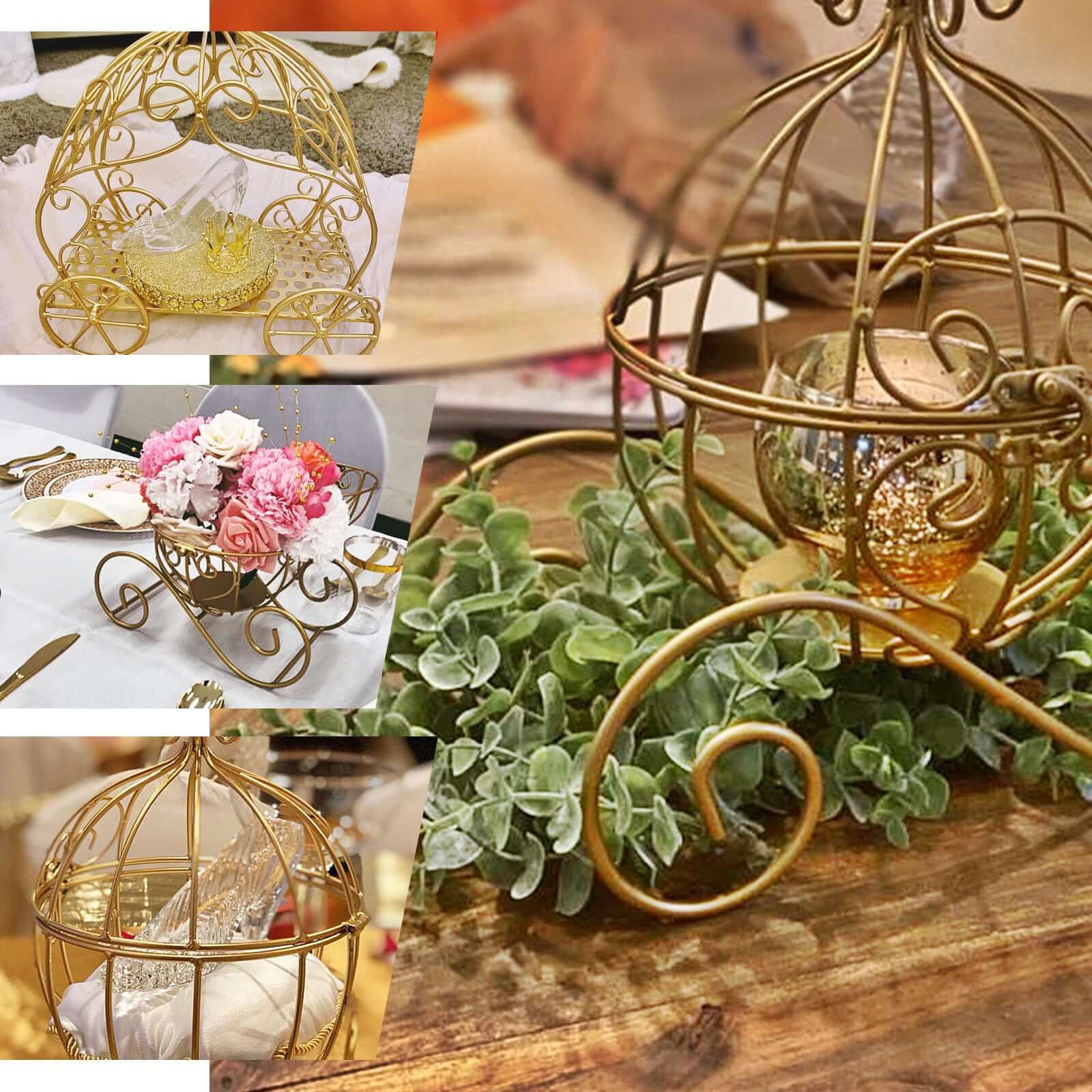Candle Holder Gold Wrought Iron Cinderella Carriage Card Display - Wedding Table Accent 11" - Image 5