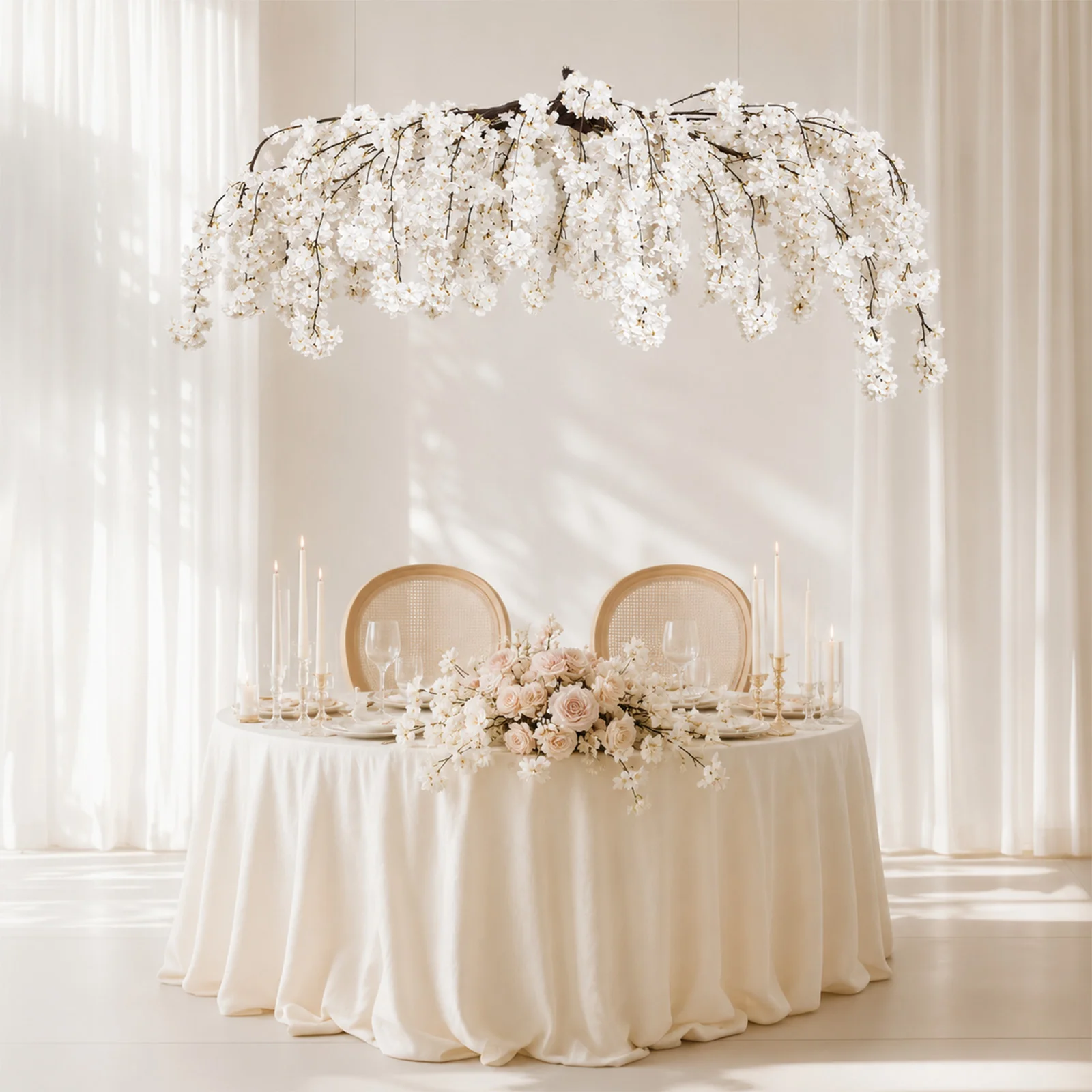 Cherry Blossom Hanging Floral Chandelier 60" White – Artificial Silk Flower Ceiling Canopy with Interchangeable Branches - Image 6