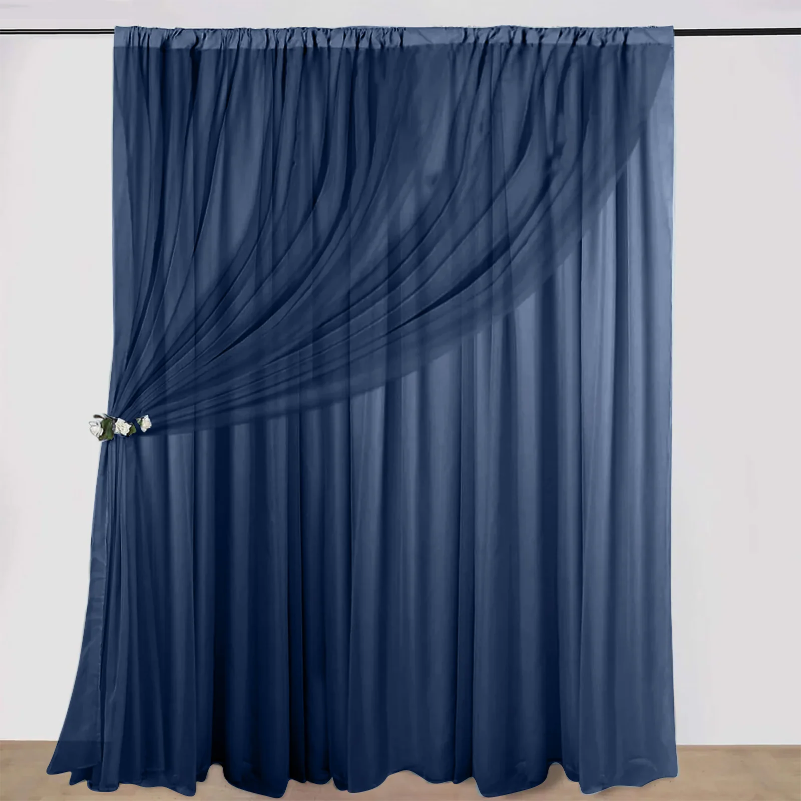 Navy Blue Chiffon Polyester Event Curtain Drapes, Dual Layer Divider Backdrop Curtain Panels with Rod Pockets - 10ftx10ft - Image 3