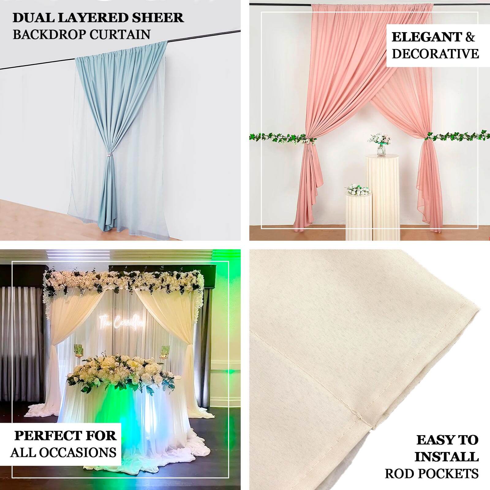 Navy Blue Chiffon Polyester Event Curtain Drapes, Dual Layer Divider Backdrop Curtain Panels with Rod Pockets - 10ftx10ft - Image 4