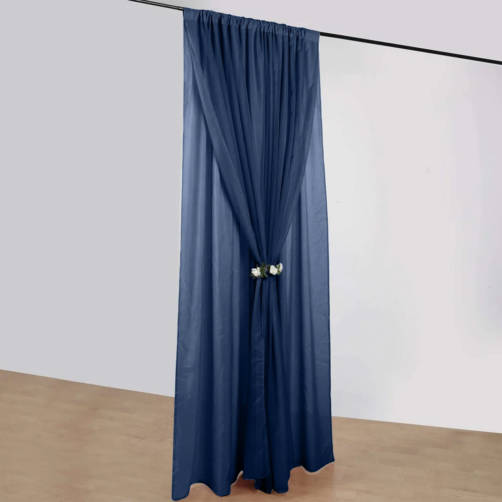 Navy Blue Chiffon Polyester Event Curtain Drapes, Dual Layer Divider Backdrop Curtain Panels with Rod Pockets - 10ftx10ft - Image 6