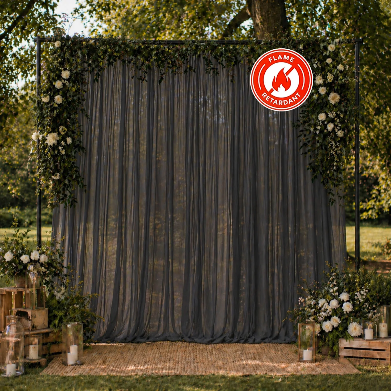 10ft x 10ft Chiffon Backdrop Curtain Panel – Black Durable Flame Resistant Sheer Draping Fabric with Rod Pocket