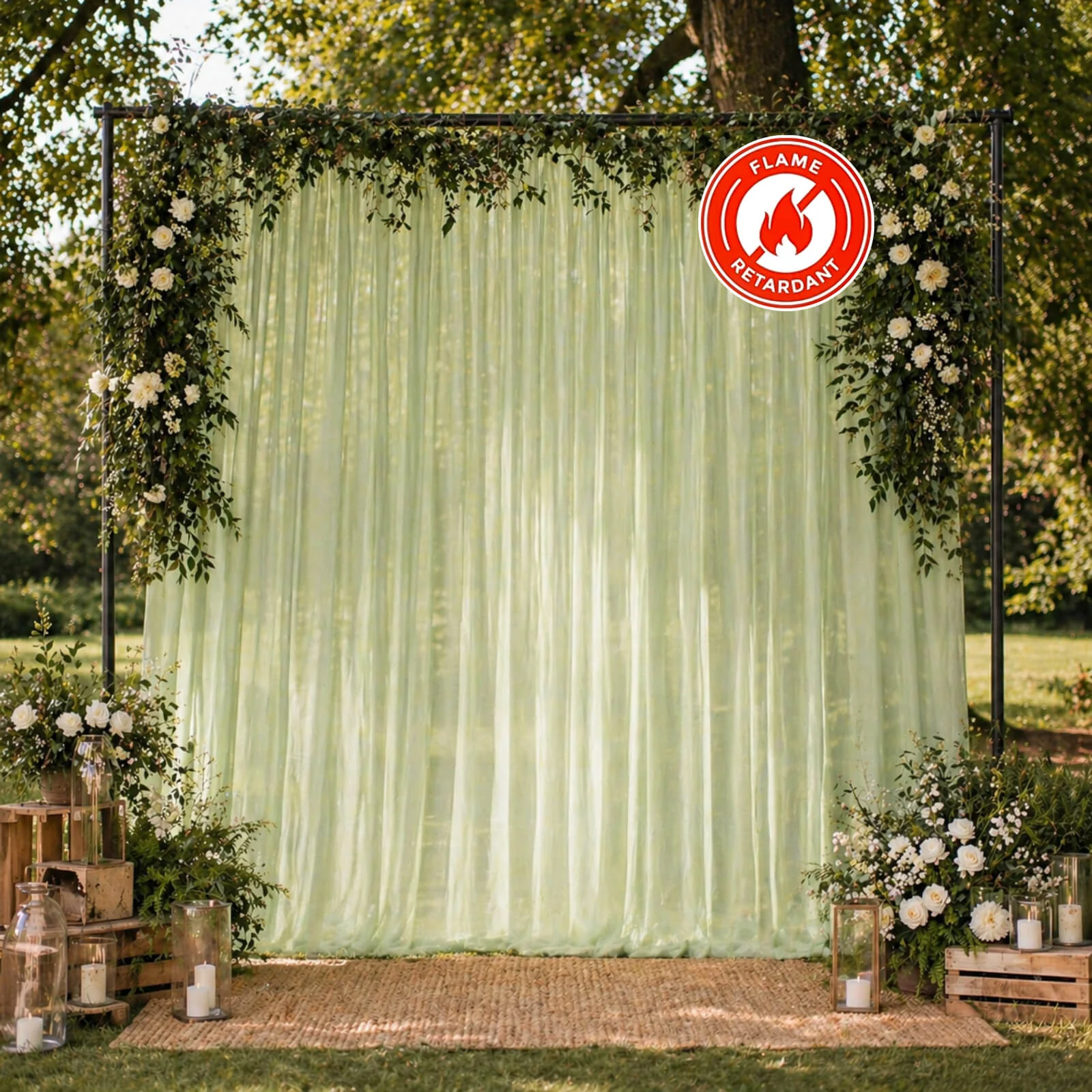 10ft x 10ft Chiffon Backdrop Curtain Panel – Sage Green Durable Flame Resistant Sheer Draping Fabric with Rod Pocket