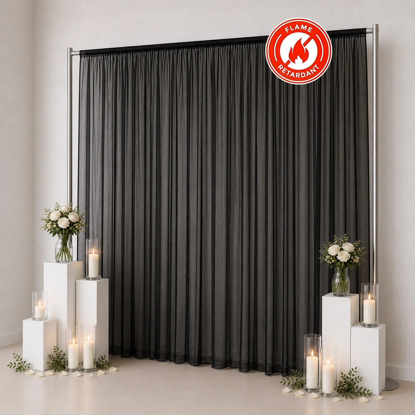 10ft x 12ft Chiffon Backdrop Curtain Panel – Black Durable Flame Resistant Sheer Draping Fabric with Rod Pocket