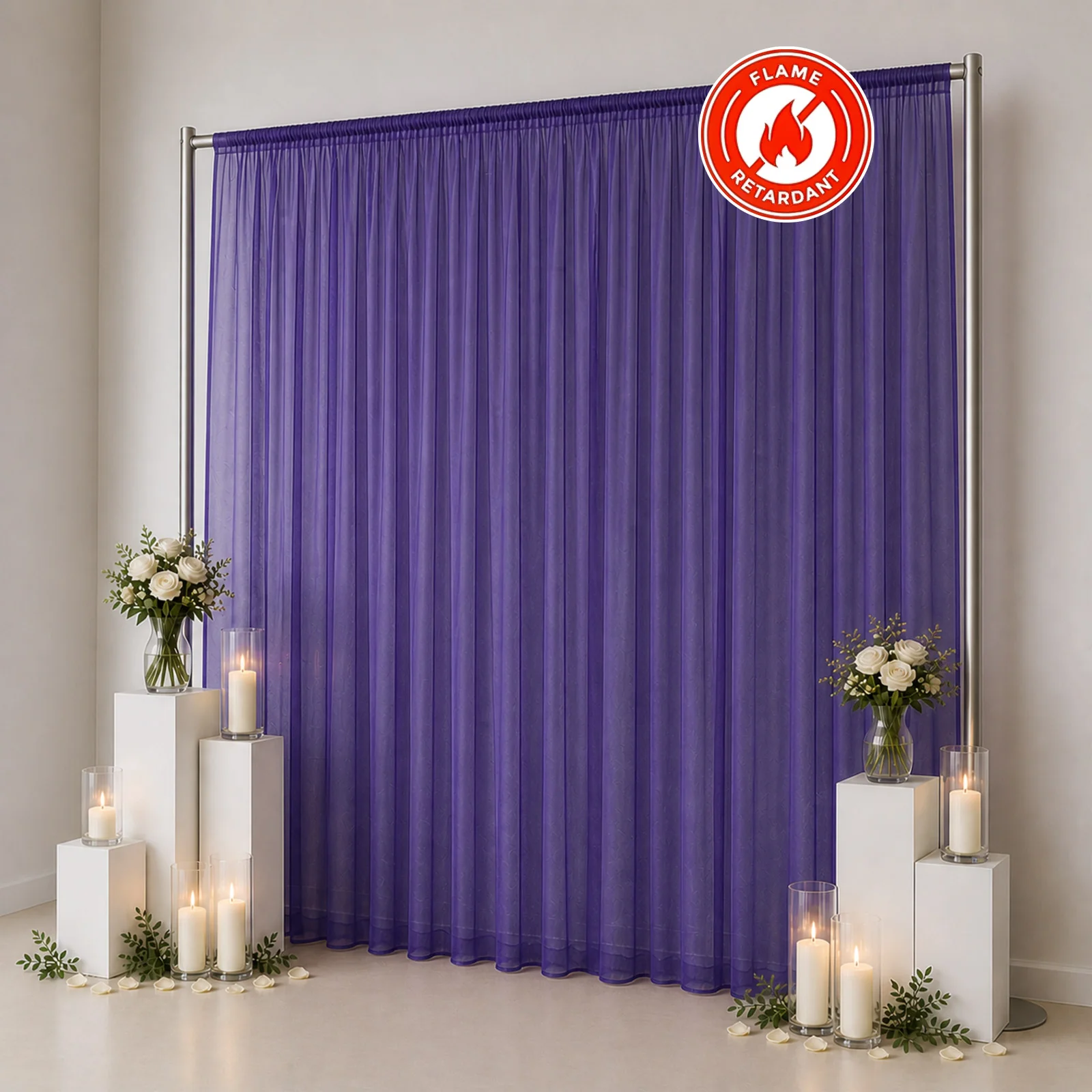 10ft x 12ft Chiffon Backdrop Curtain Panel – Purple Durable Flame Resistant Sheer Draping Fabric with Rod Pocket