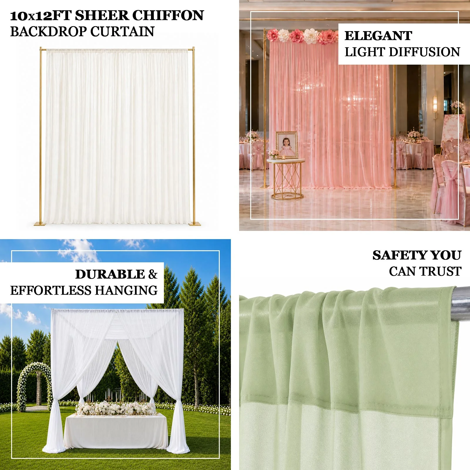 10ft x 12ft Chiffon Backdrop Curtain Panel – White Durable Flame Resistant Sheer Draping Fabric with Rod Pocket - Image 4