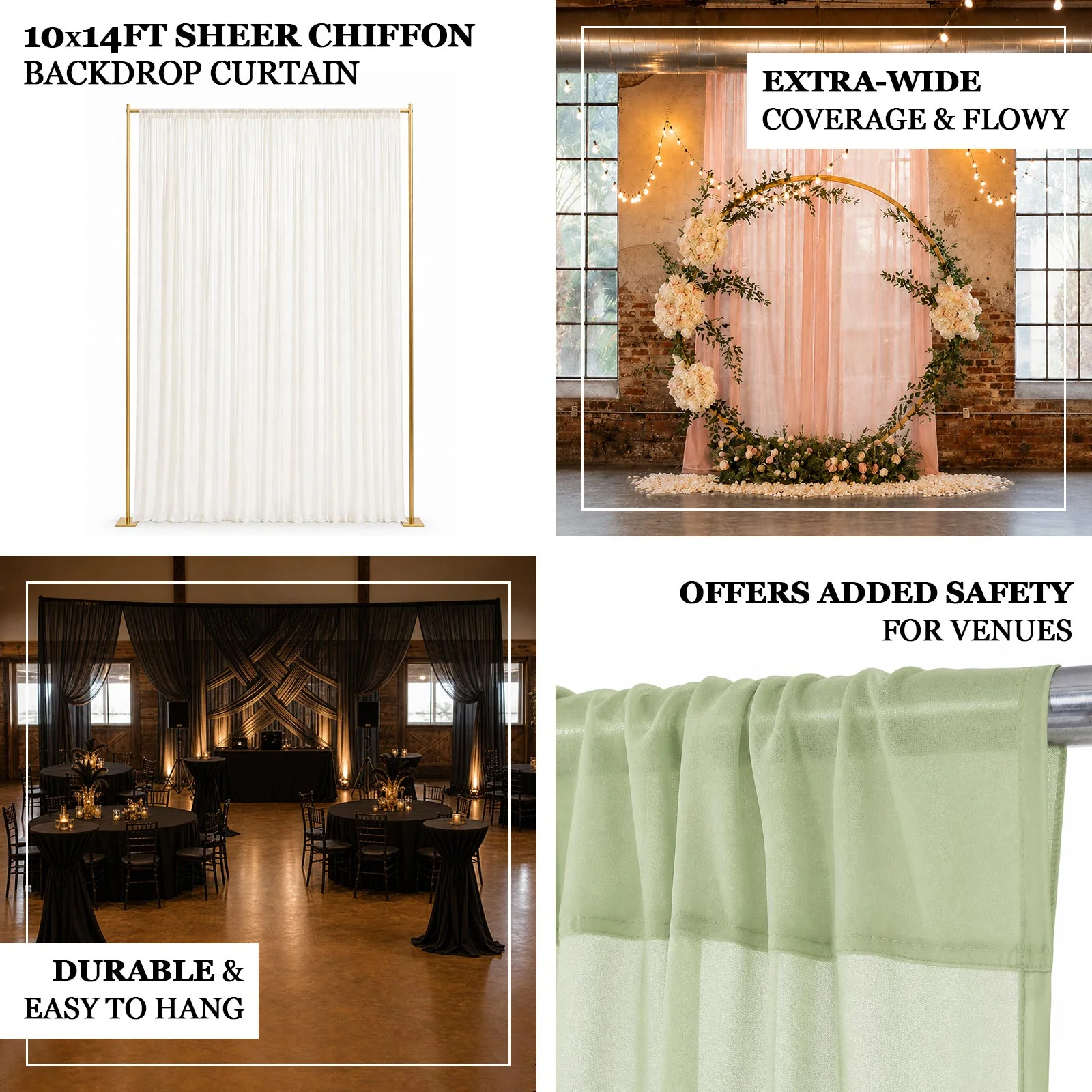 10ft x 14ft Chiffon Backdrop Curtain Panel – Sage Green Durable Flame Resistant Sheer Draping Fabric with Rod Pocket - Image 4