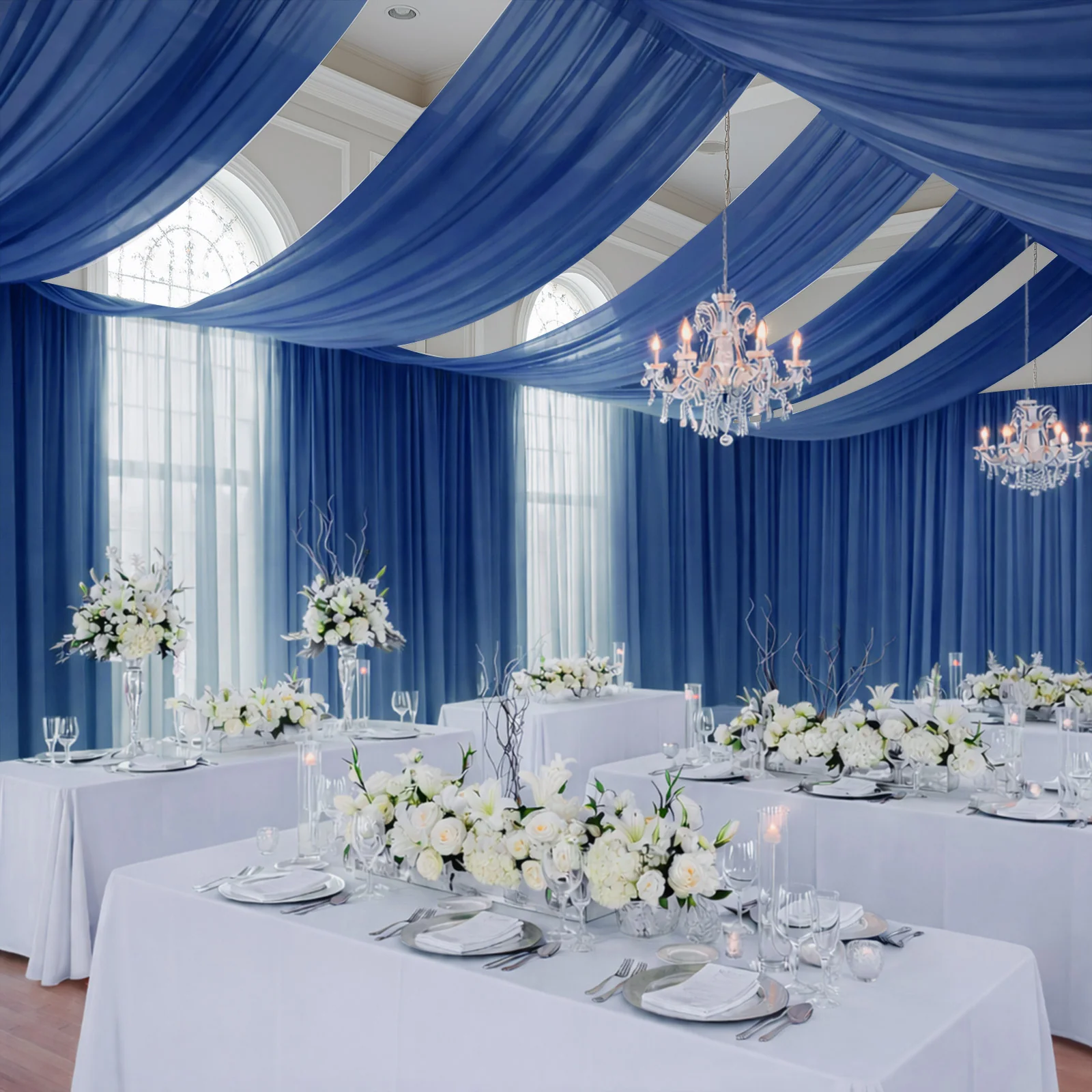 Navy Blue Chiffon Curtain Panel, Durable Flame Resistant Backdrop and Ceiling Drape With Rod Pocket - 5ftx20ft - Image 3