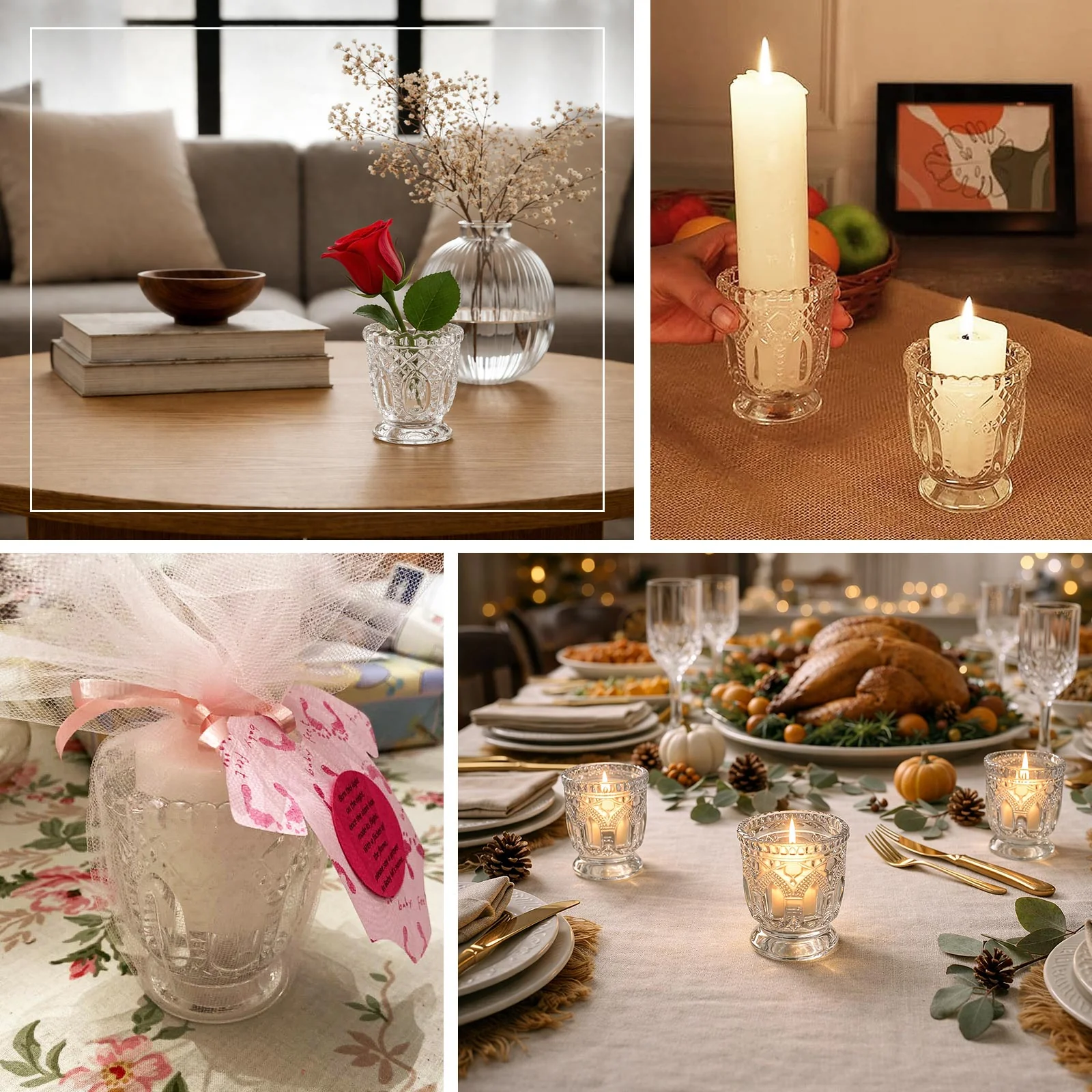 6 Pack 3" Clear Glass Candle Holders – Vintage Textured Decorative Candle Cups for Wedding Table Centerpieces & Gift Decor - Image 5