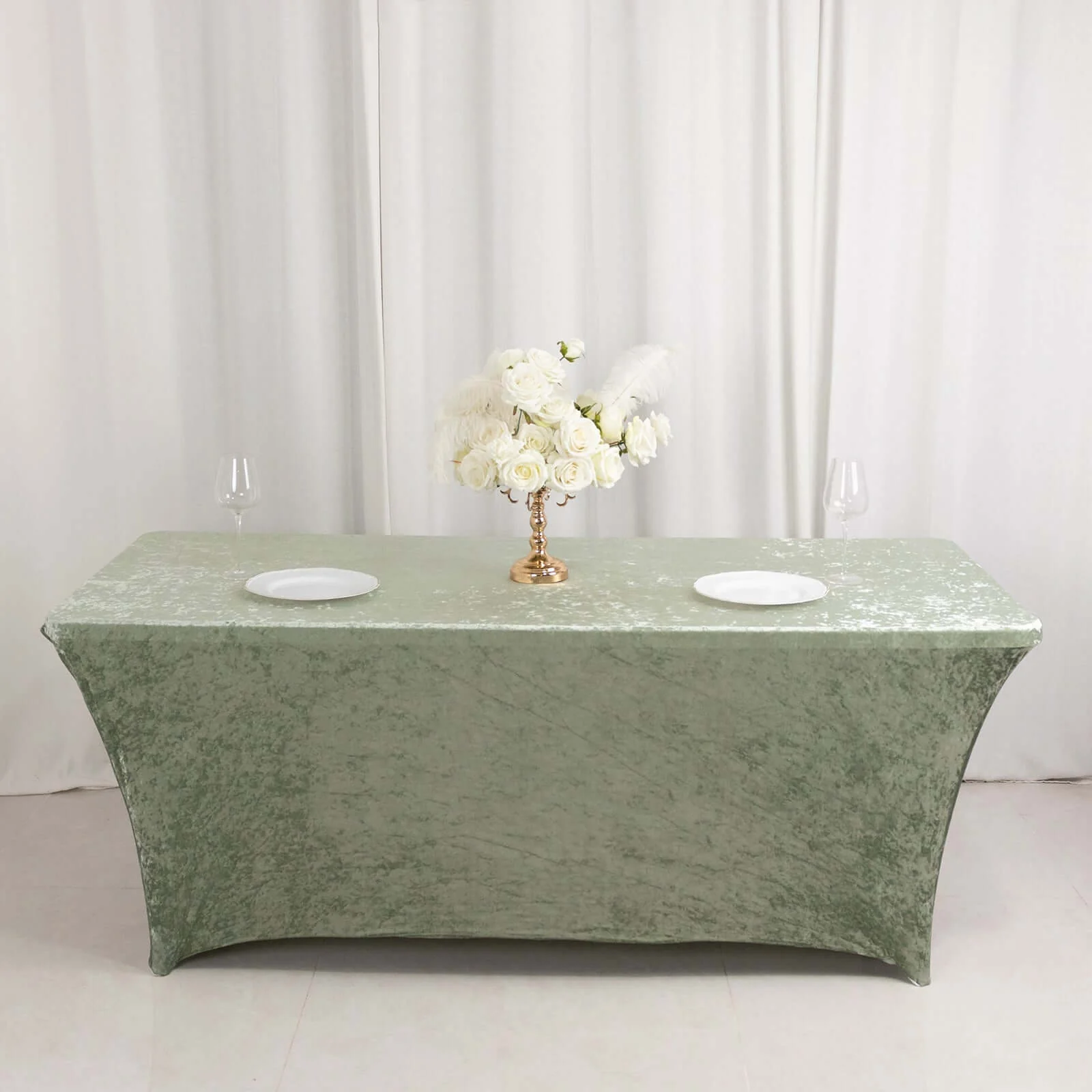 Crushed Velvet Fitted Rectangular 6ft Table Cover Sage Green - Wrinkle-Free Stretchy Tablecloth - Image 10