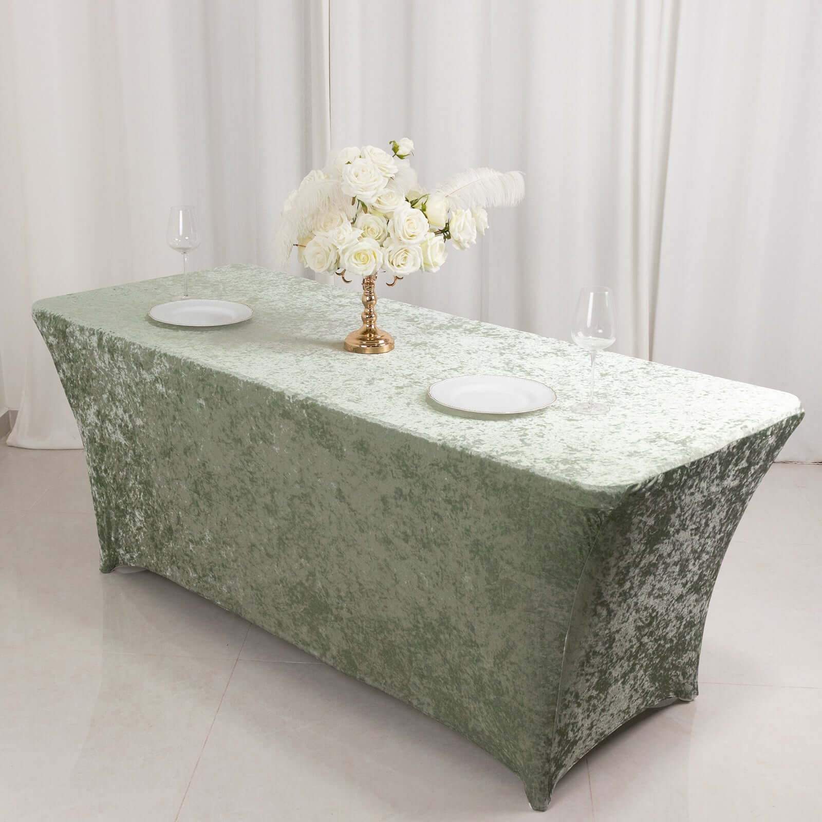 Crushed Velvet Fitted Rectangular 6ft Table Cover Sage Green - Wrinkle-Free Stretchy Tablecloth - Image 2